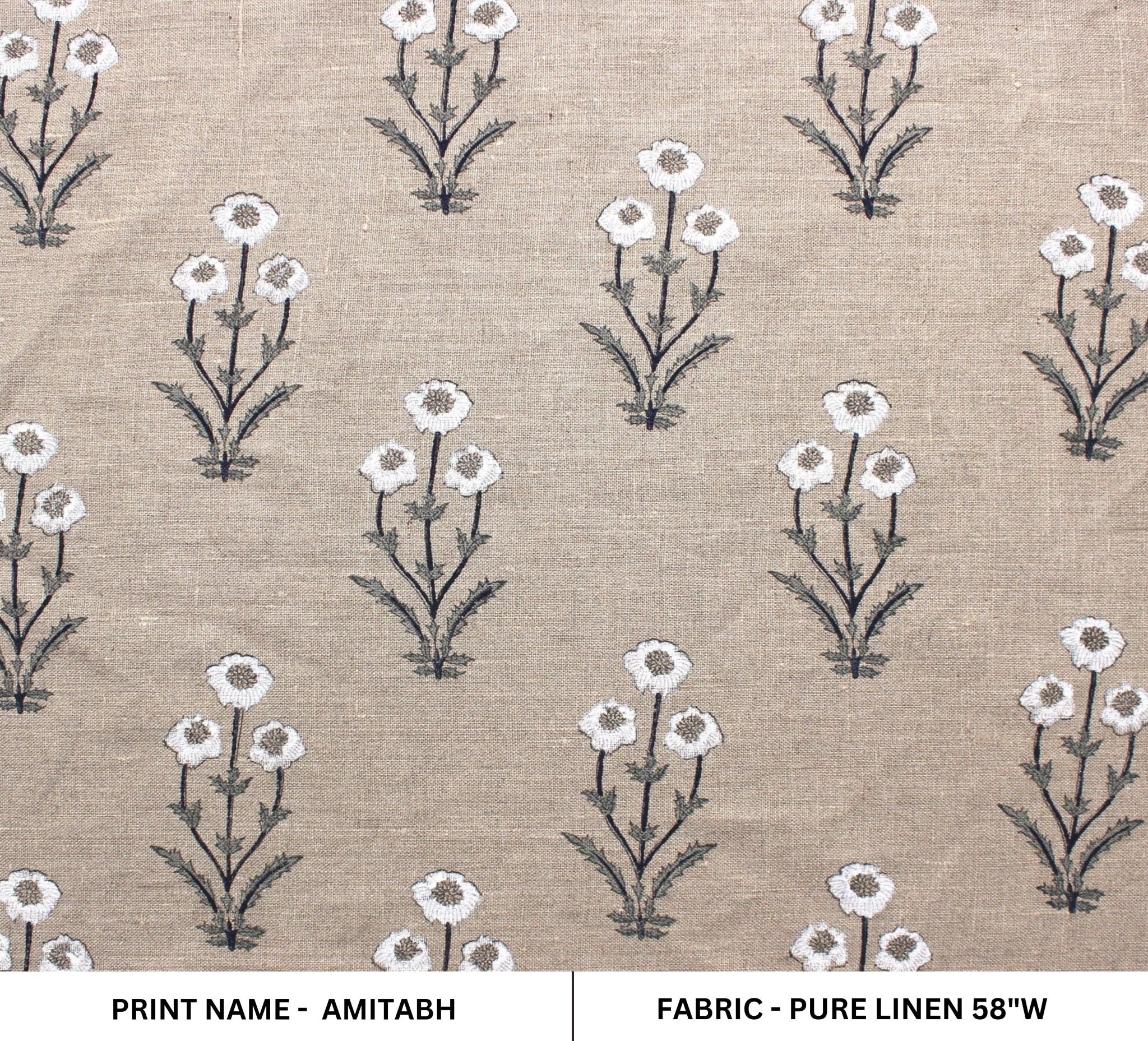 Amitabh White  Heavy Grey Linen Fabric, Block Print Fabric,Handblock Linen Printed Fabric By The Yard  Usespillow Cover Home Decor