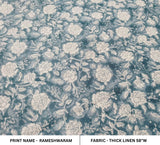 Hand Block Printed Gray Floral Throw Thick Linen Boho Premium Fabric For Sofa Cover - RAMESHWARAM