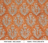 Handmade Block Printed Gray & Orange Throw Neel Gagan Thick Linen Fabric For Bedroom