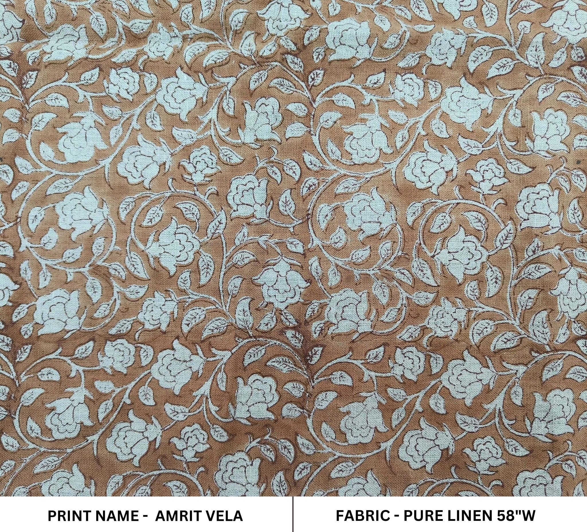 Amritvela Brown  Mini Floral Block Print  Indian Hand Block Print  Natural Pure Linen Fabric   Pillow,Cushion,Upholstery