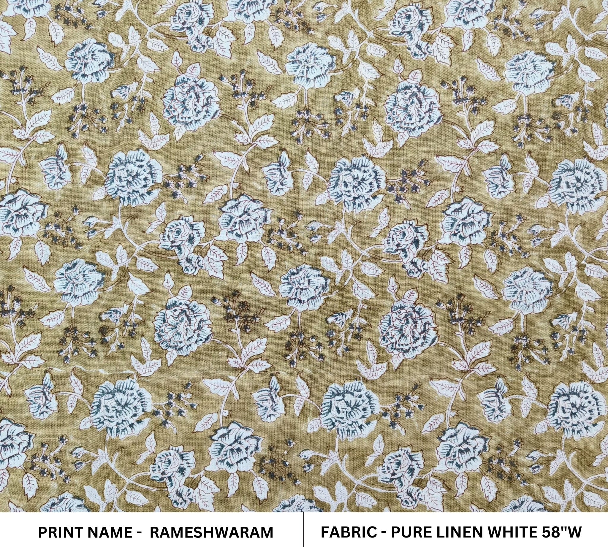 Block Print Linen Fabric, Rameshwaram  Khaki Blue Floral Block Print Linen, White Base Pure Linen,Medium Weight Linen Perfect For Cushion Cover Pillow Cover