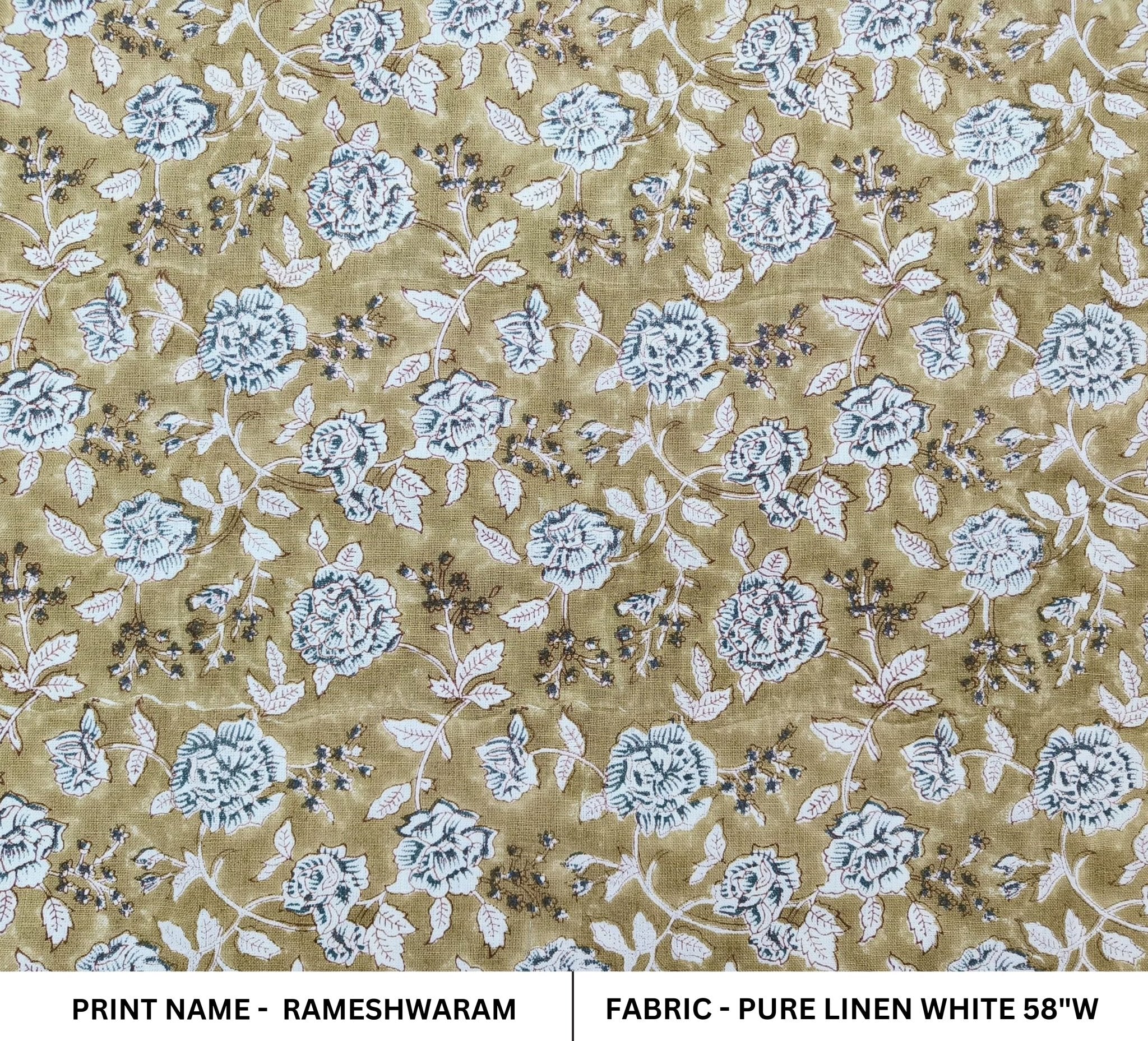 Block Print Linen Fabric, Rameshwaram  Khaki Blue Floral Block Print Linen, White Base Pure Linen,Medium Weight Linen Perfect For Cushion Cover Pillow Cover