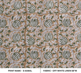 Hand Block Floral Printed Off White Linen in Green 6 KAMAL-1