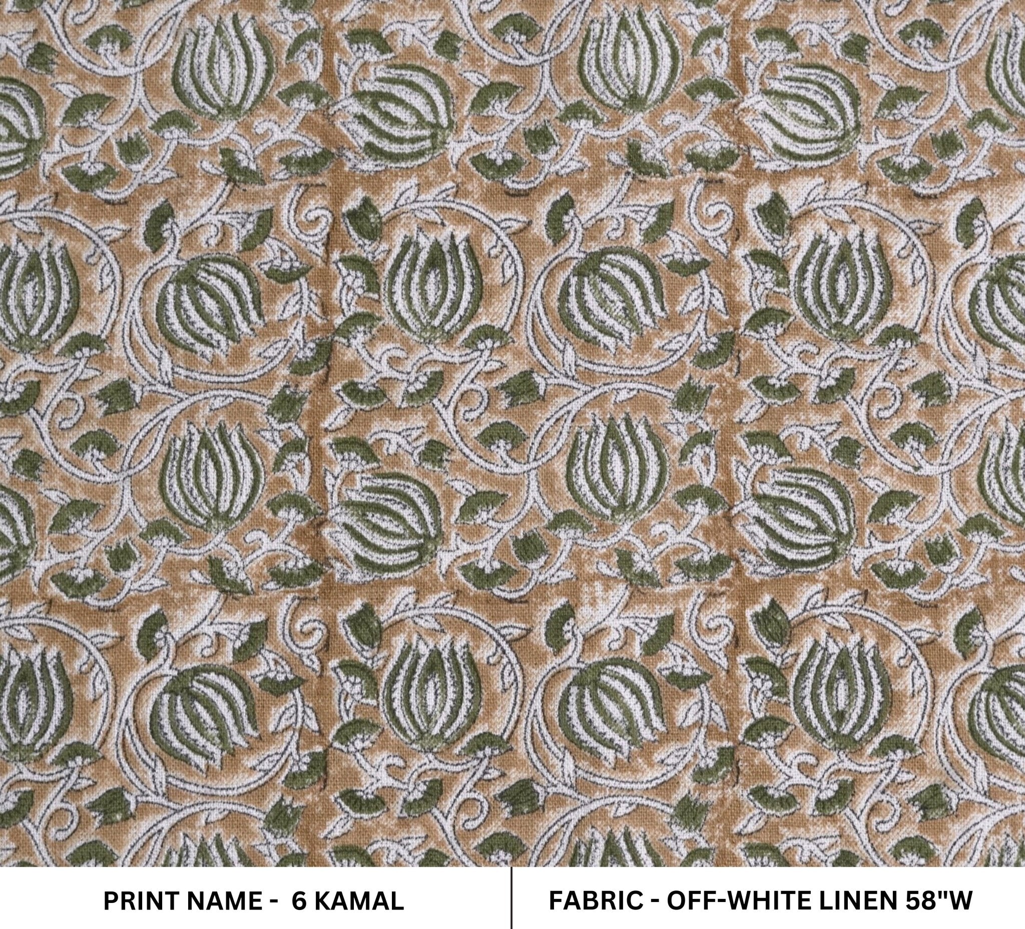 6 Kamal Block Printed Linen Fabric, Flower Print Fabric By The Yard, Designer Fabric For Cushion And Pillow Covers