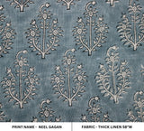 Handmade Boho Throw Fabric in Thick Linen Neel Gagan Blue & Pastel Gray Floral for Couch Decor