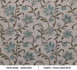 Handcrafted Block Printed Bluish Floral Thick Linen Indoor Farmhouse Decor Fabric - ARADHANA