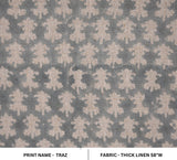 Handmade Throw Block Printed Gray and Beige Floral Premium Thick Linen Fabric - TRAZ