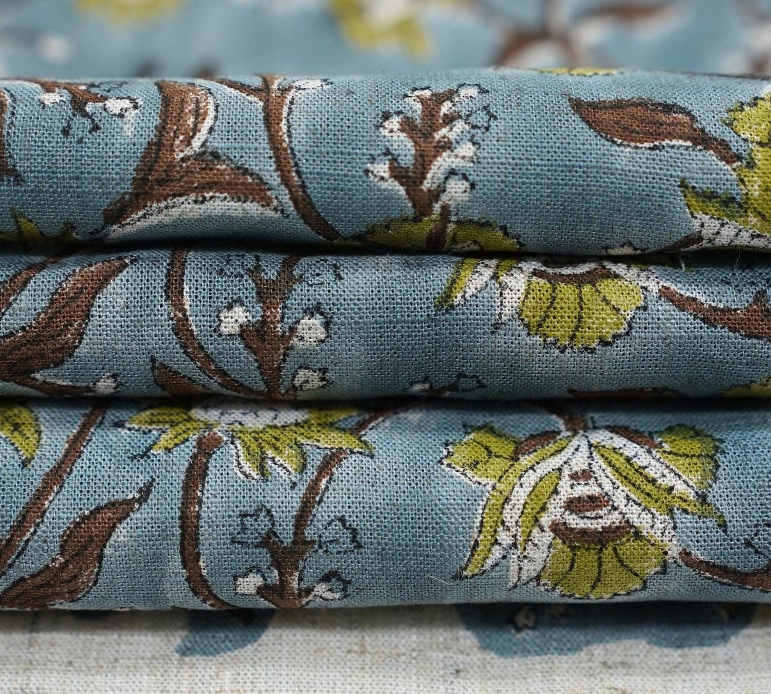 Off White Heavy Linen Fabric 58 Inch Wide with Block Print for Drapes and Table Runners