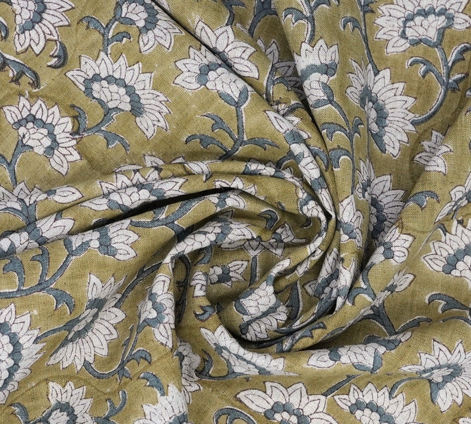 Artisanal Green Floral Boho Block Print Viscose Linen Fabric – Rajnigandha 