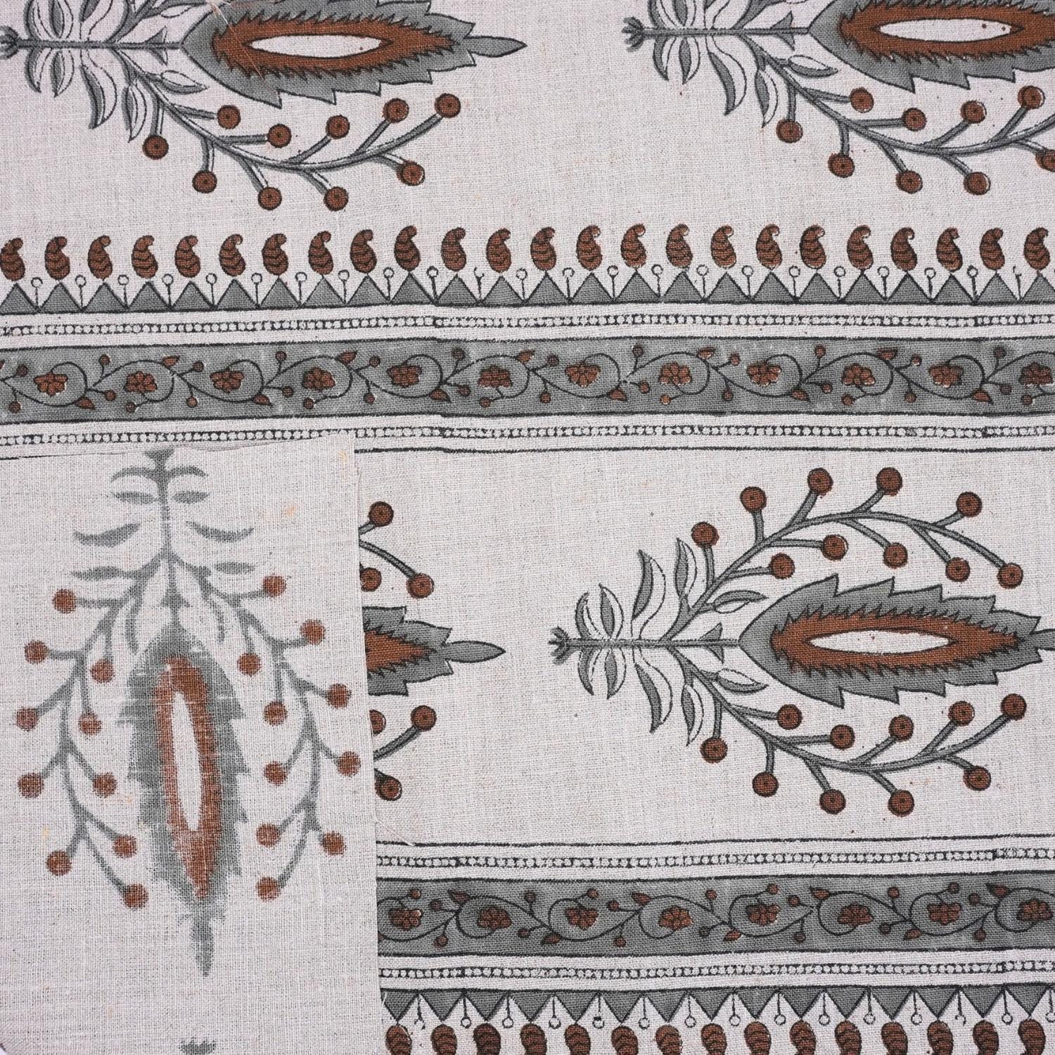 Indian Handmade Art Brown and Gray Floral Decorative Cushion Cover Fabric on Pure Linen - Nirja