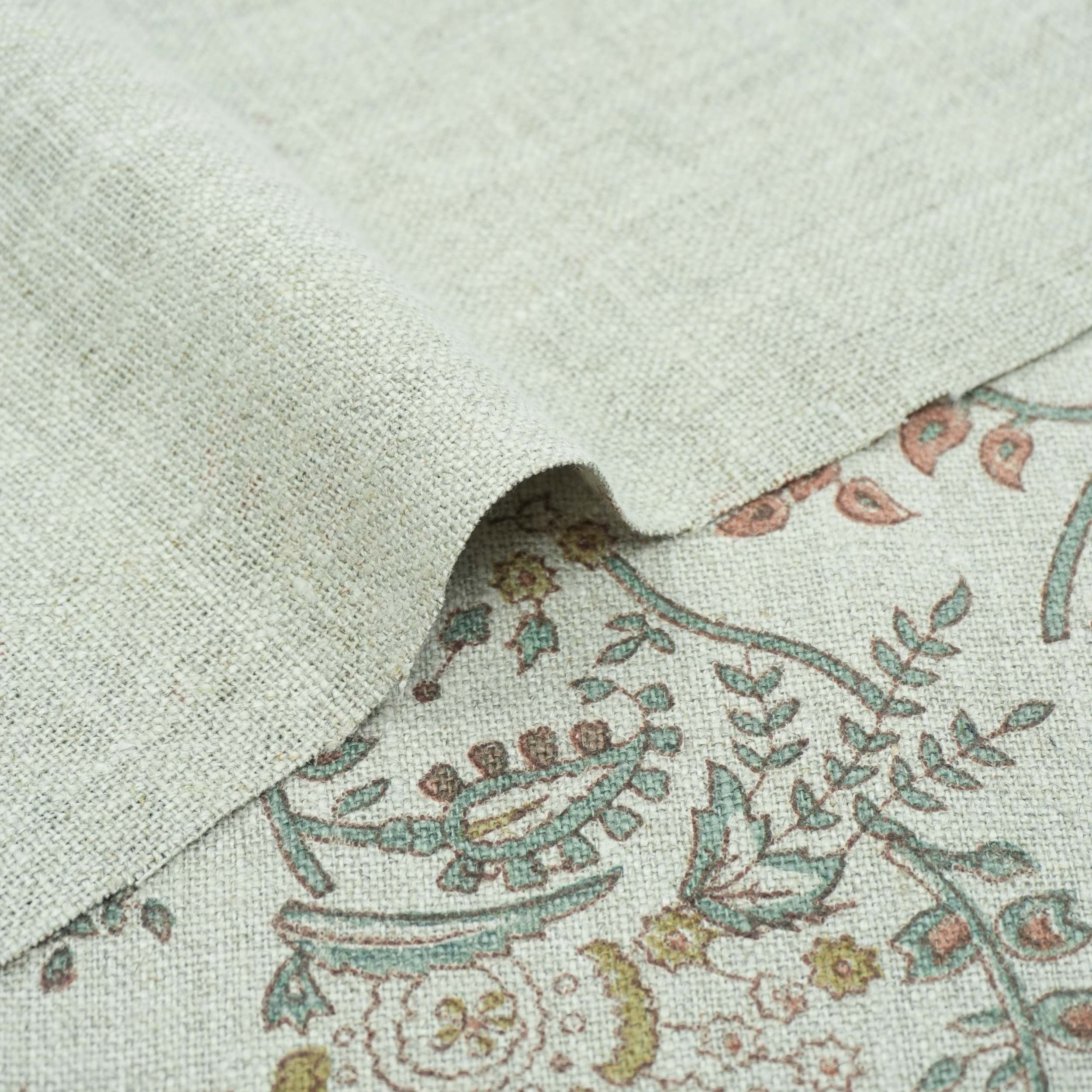 Blue Brown Floral Hand Block Print Linen Arpan Fabric