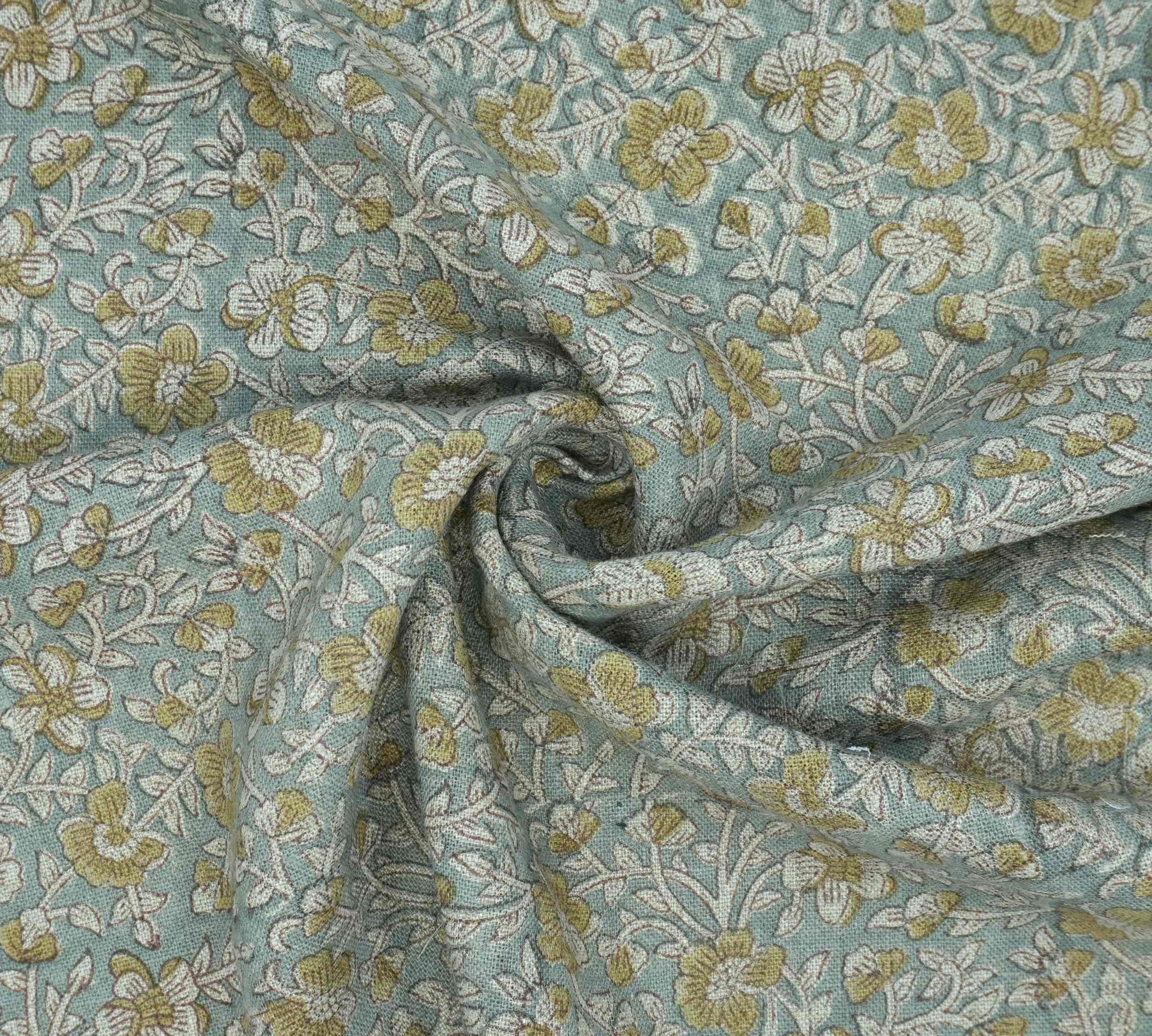 Hand Printed Mustard Floral Pure Linen Cushion Fabric - Jhilmil
