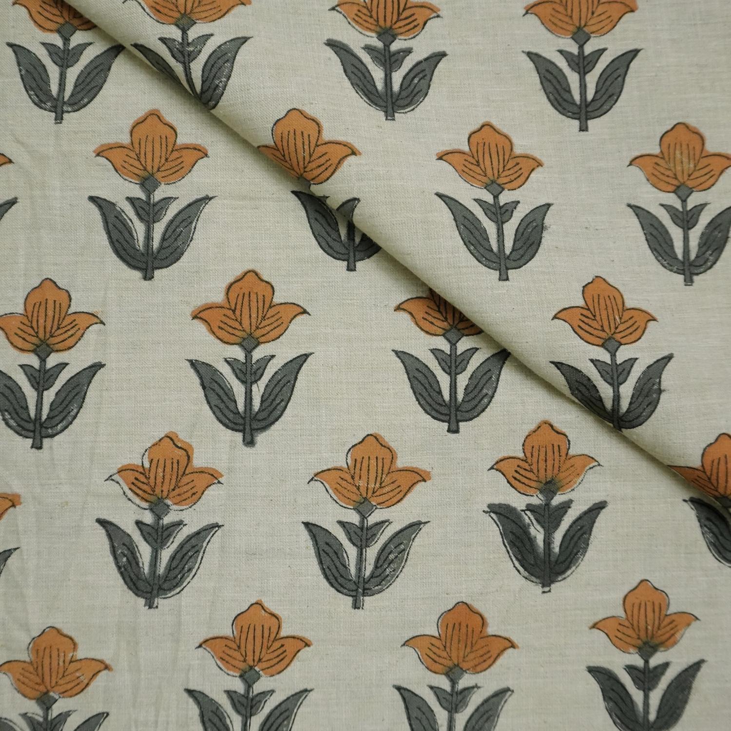 Linen Block Print Fabric Linen Blend 58 Inch Width Light Weight Linen Natural Base Color Curtains and Drapes Upholstery Handmade Art Pillow Covers Tablecloths and Runners Bedding Tote Bag Lampshades by Fabritual