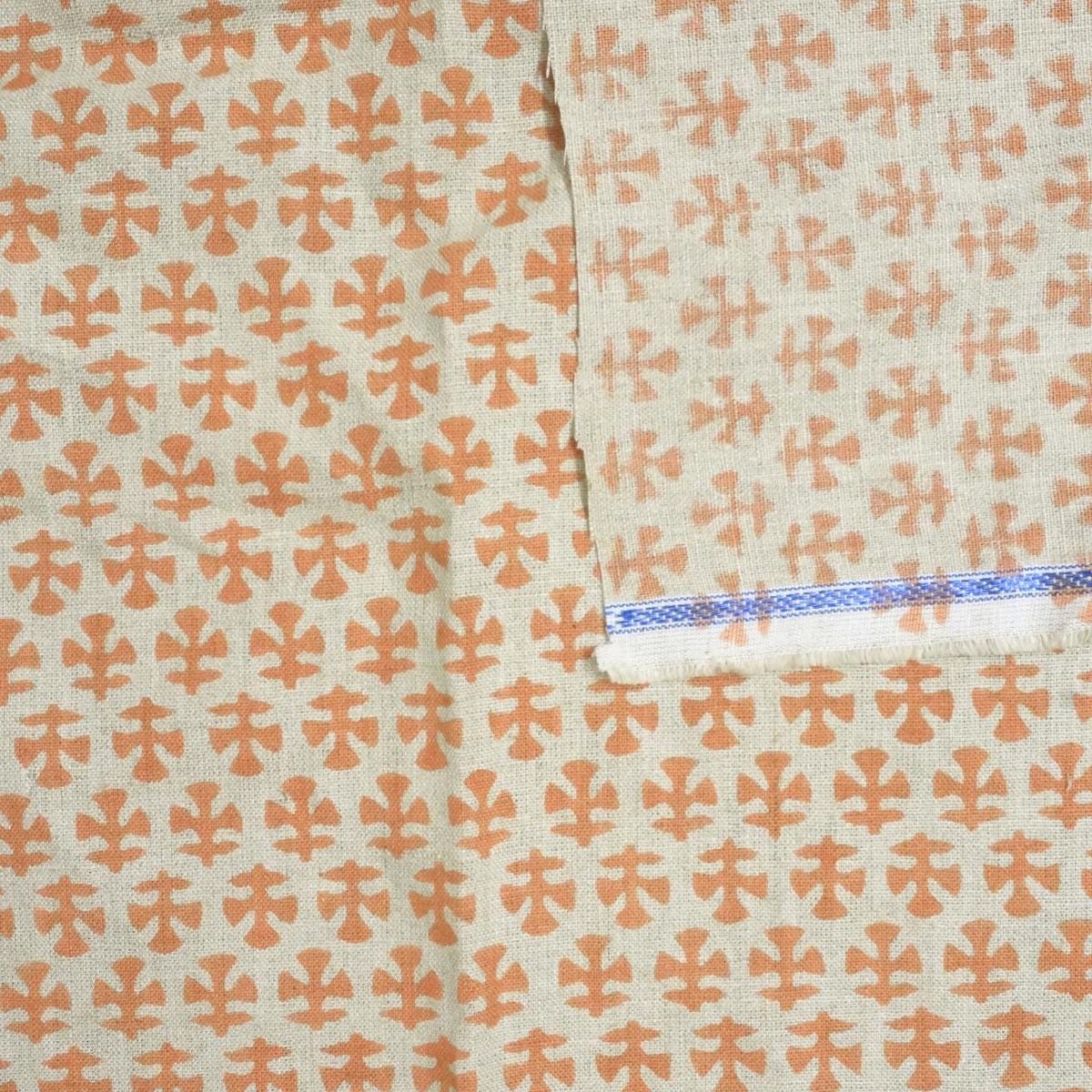 Handcrafted Throw Mini Orange Floral Block Printed Premium Pure Linen Mediumweight Cushion Fabric – BINDIKA