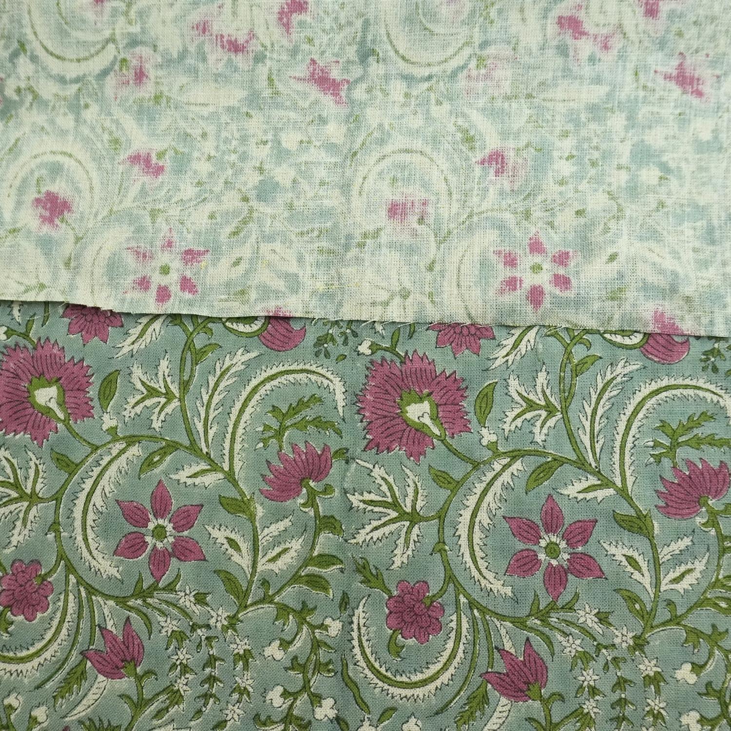 Handcrafted Green and Rose Gold Floral Pure Linen Block Printed Fabric for Sofa Covers – KUNDANVAN