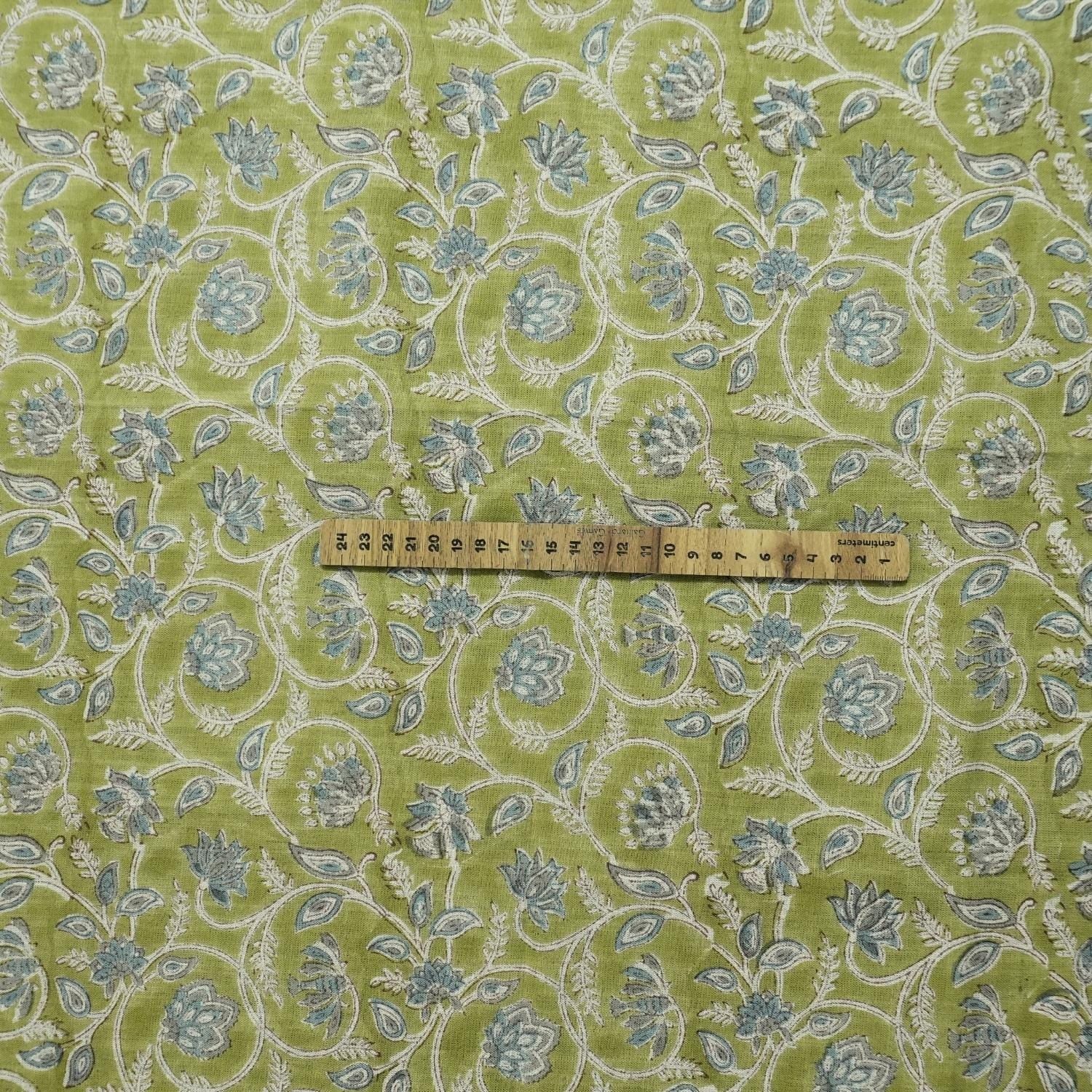 GREEN FLORAL PRINT VISCOSE LINEN HAND BLOCK PRINT FABRIC FOR LINEN DRAPERY AND BOHO DECORATIVE PILLOW - SARASWATI