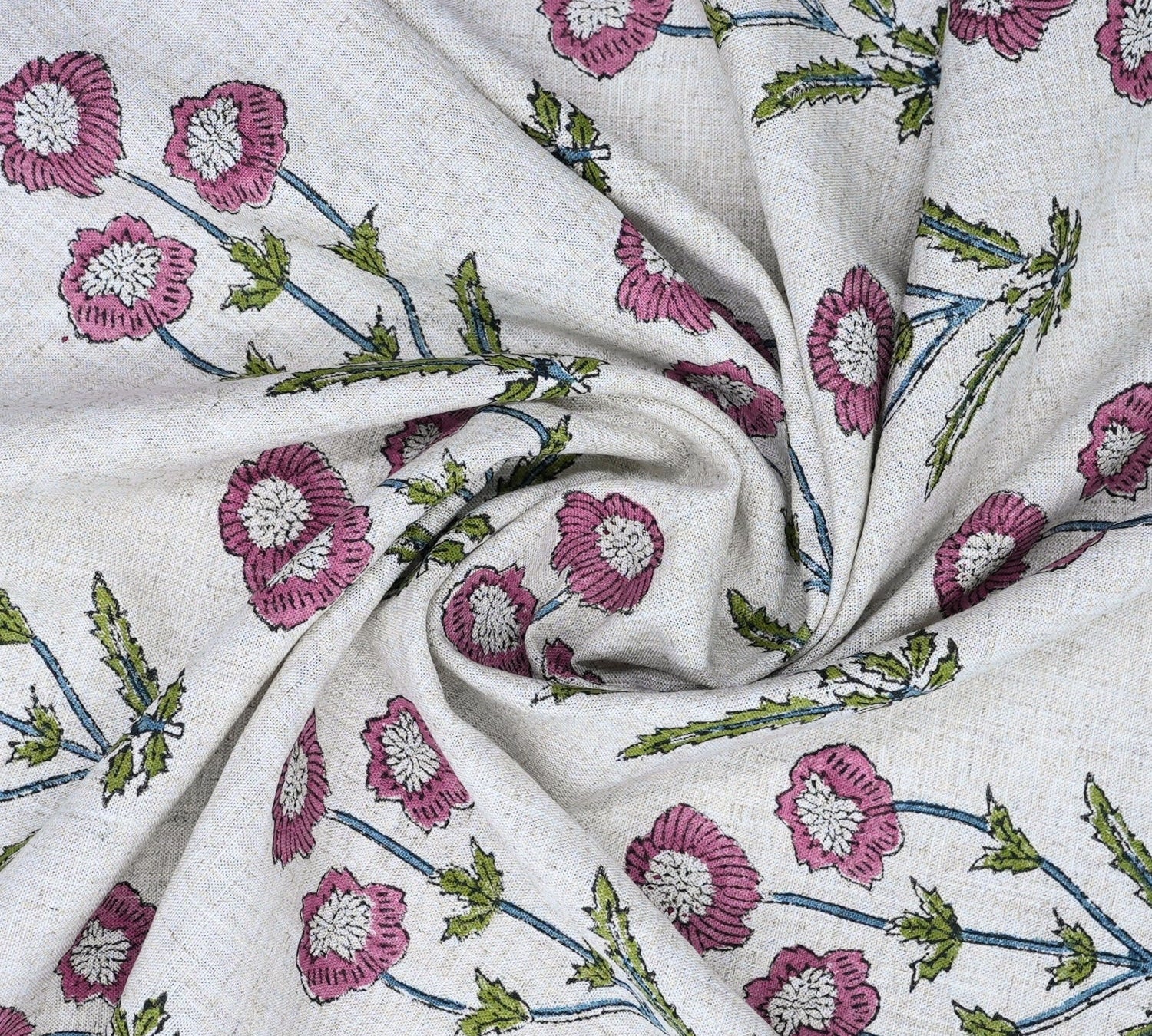 Hand Stamped Block Printed Boho Floral Viscose Linen Cushion Fabric - Amitabh Pink