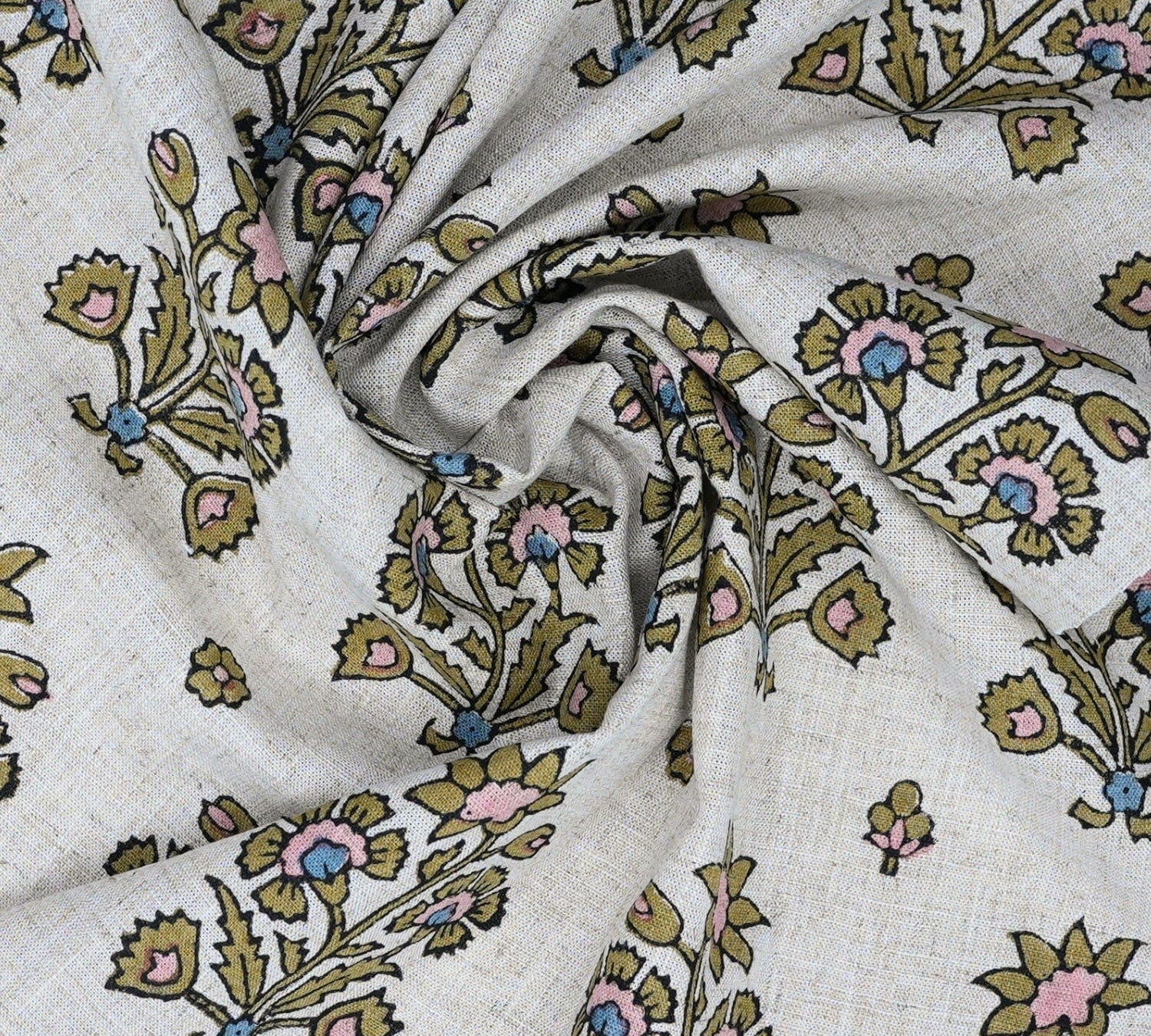 Hand-Stamped Boho Woodblock Print Brown Floral Viscose Linen Fabric – Sadabahar