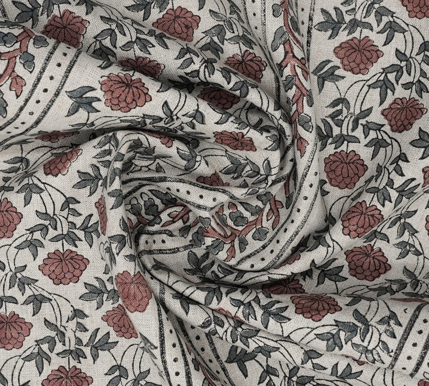 Handblock Printed Ecofriendly Soft Pure Linen Floral Boho Design Fabric - Khubsurat 
