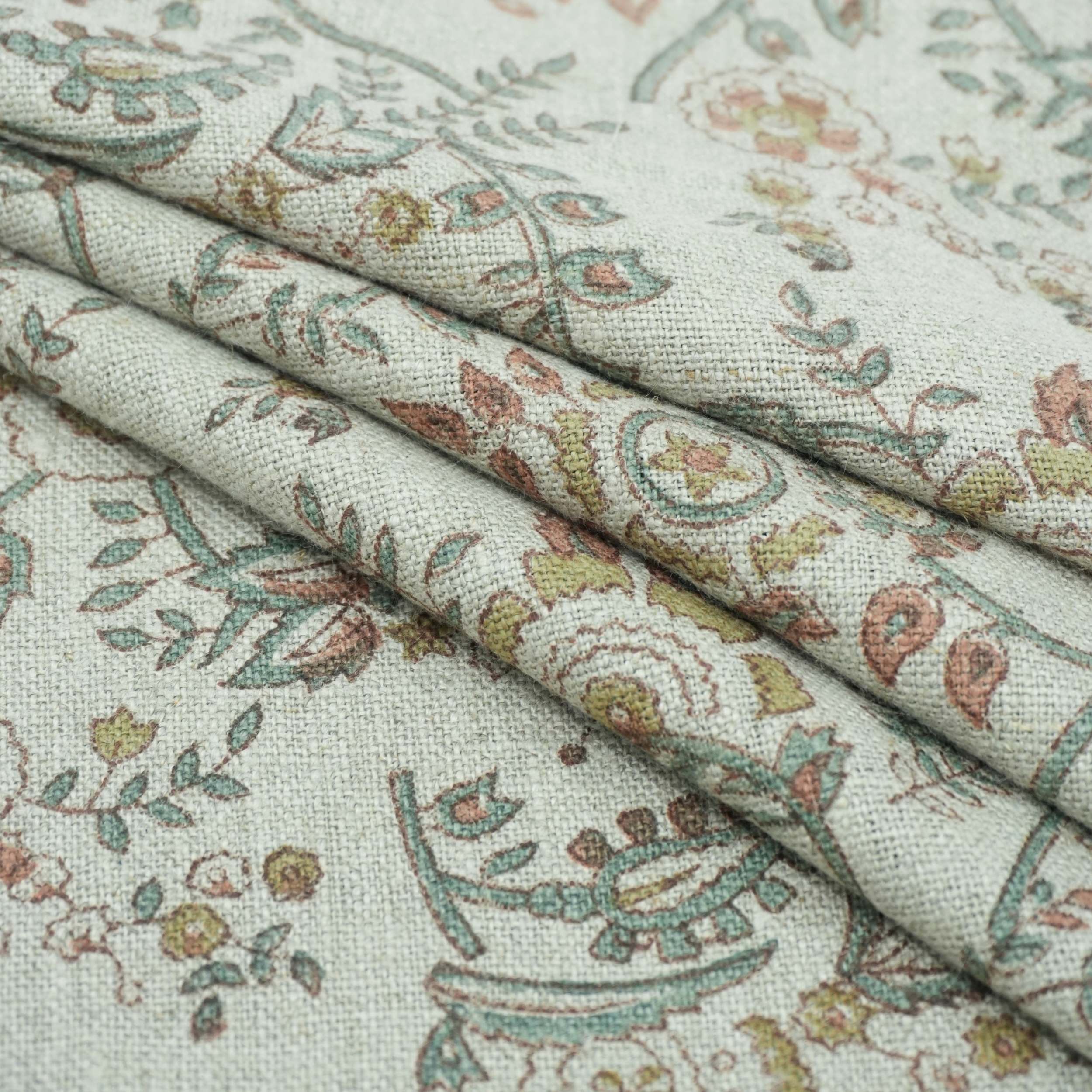 Blue Brown Floral Hand Block Print Linen Arpan Fabric