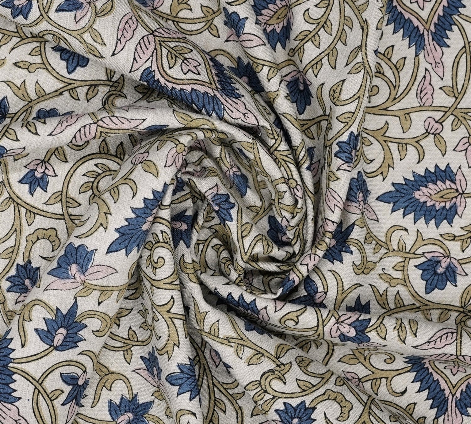 Handblock Print Blue Floral Linen Blend Fabric Hawa Mahal Curtain Textile 