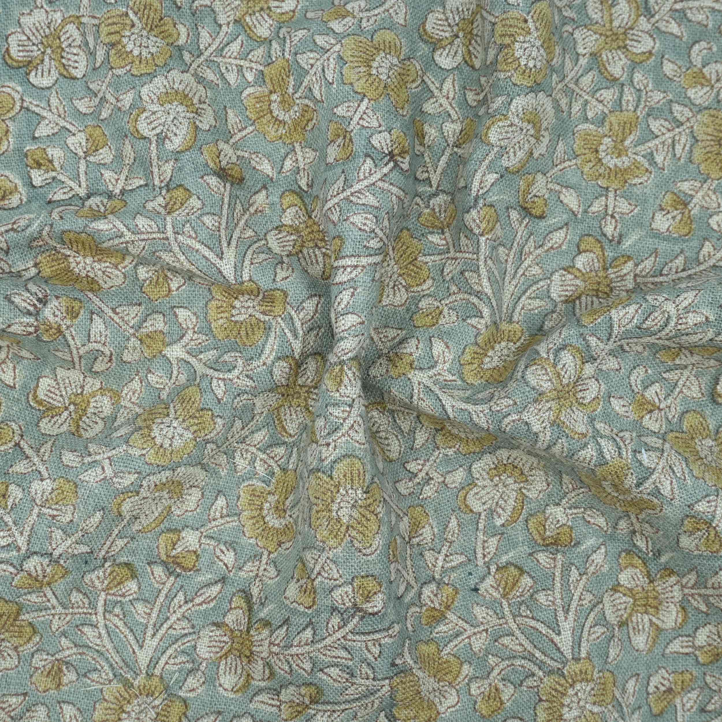 Hand Printed Mustard Floral Pure Linen Cushion Fabric - Jhilmil