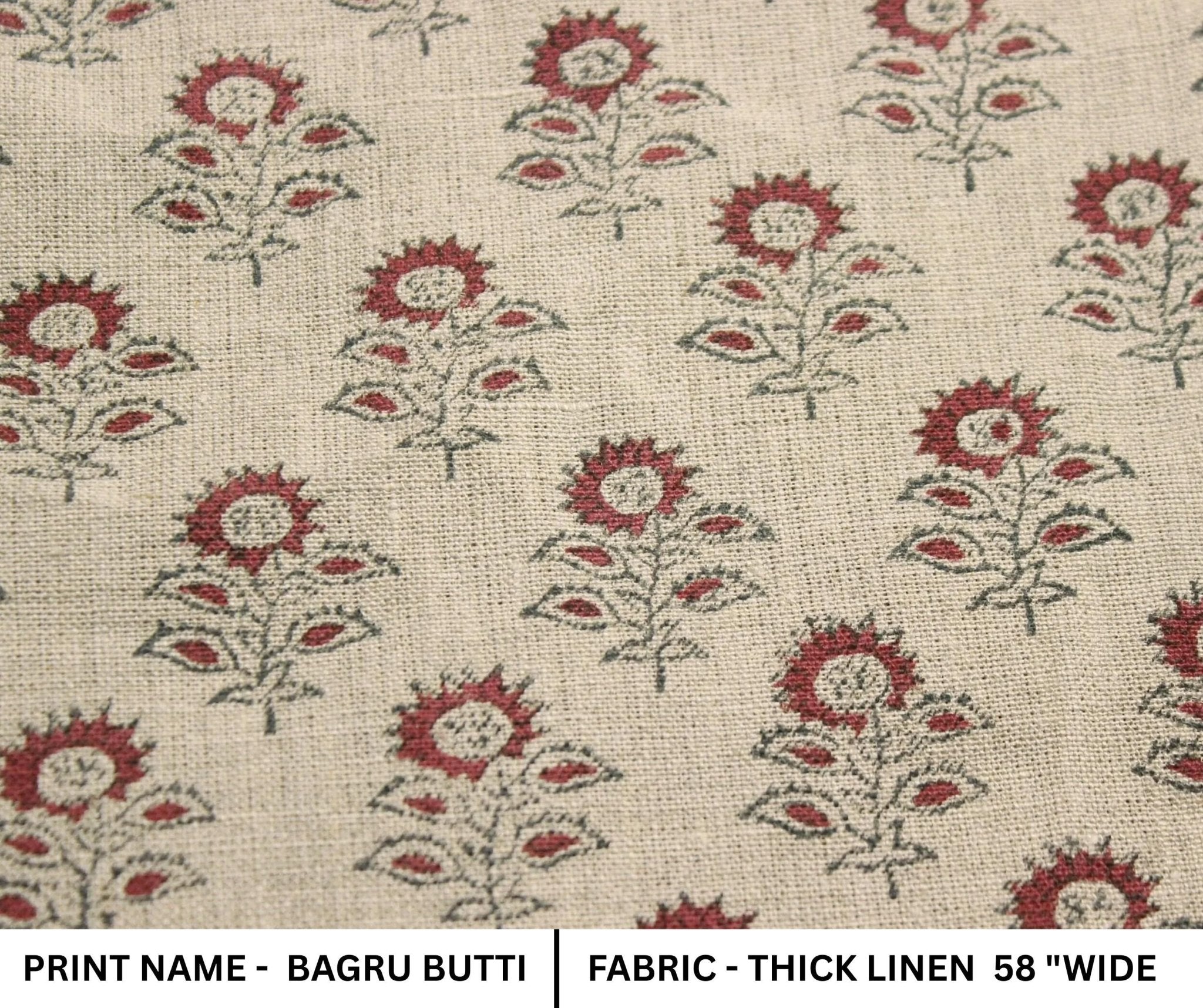 Linen Block Print Fabric 58" Width Heavy Linen Natural Base Color Curtains and Drapes Upholstery Pillow Covers Tablecloths and Runners Bedding Tote Bag by Fabritual