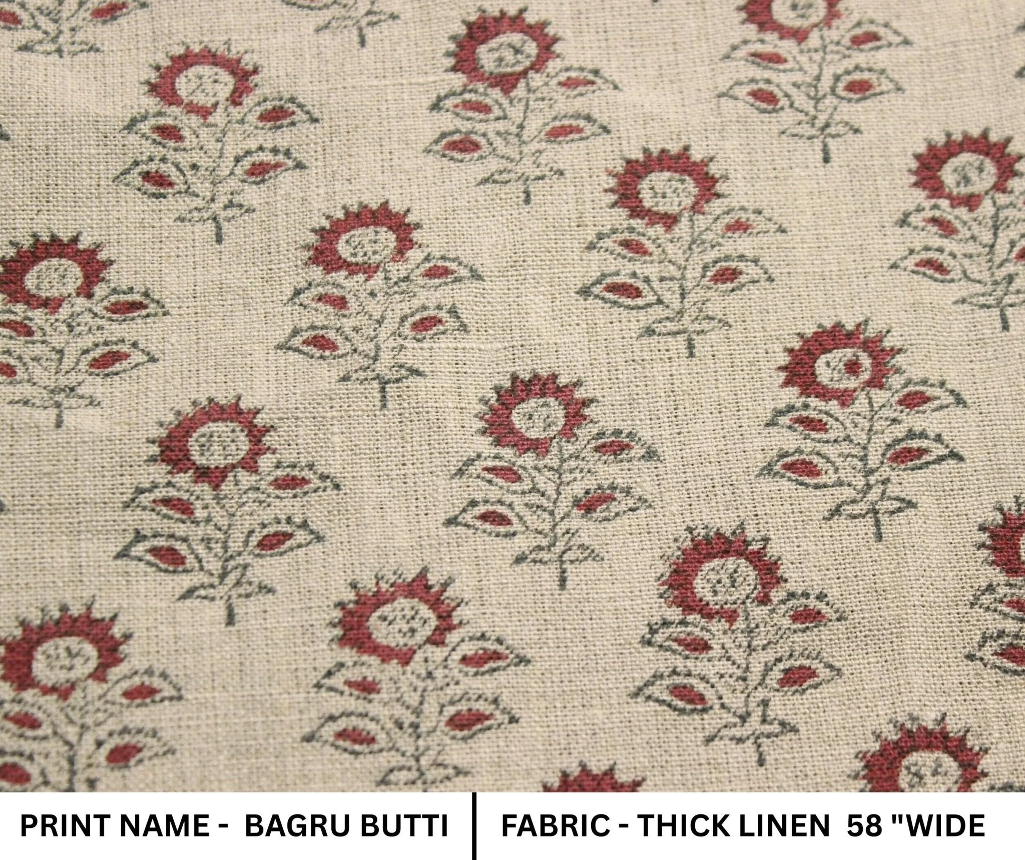 Linen Block Print Fabric 58" Width Heavy Linen Natural Base Color Curtains and Drapes Upholstery Pillow Covers Tablecloths and Runners Bedding Tote Bag by Fabritual