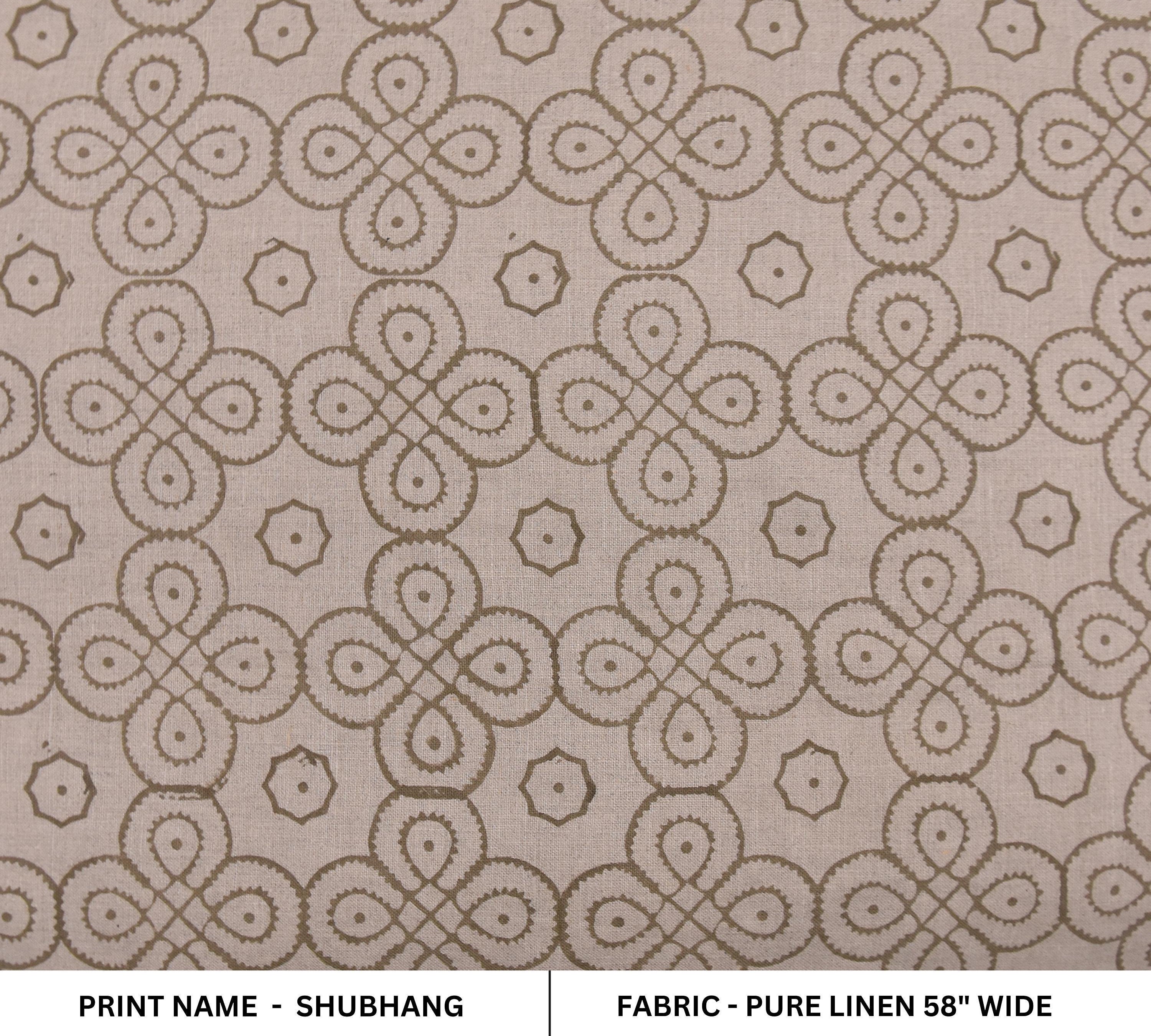 Linen Block Print Fabric 58 Inch Width Medium Weight Linen Natural Base Color Curtains and Drapes Upholstery Handmade Art Pillow Covers Tablecloths and Runners Bedding Tote Bag Lampshades Napkins by Fabritual