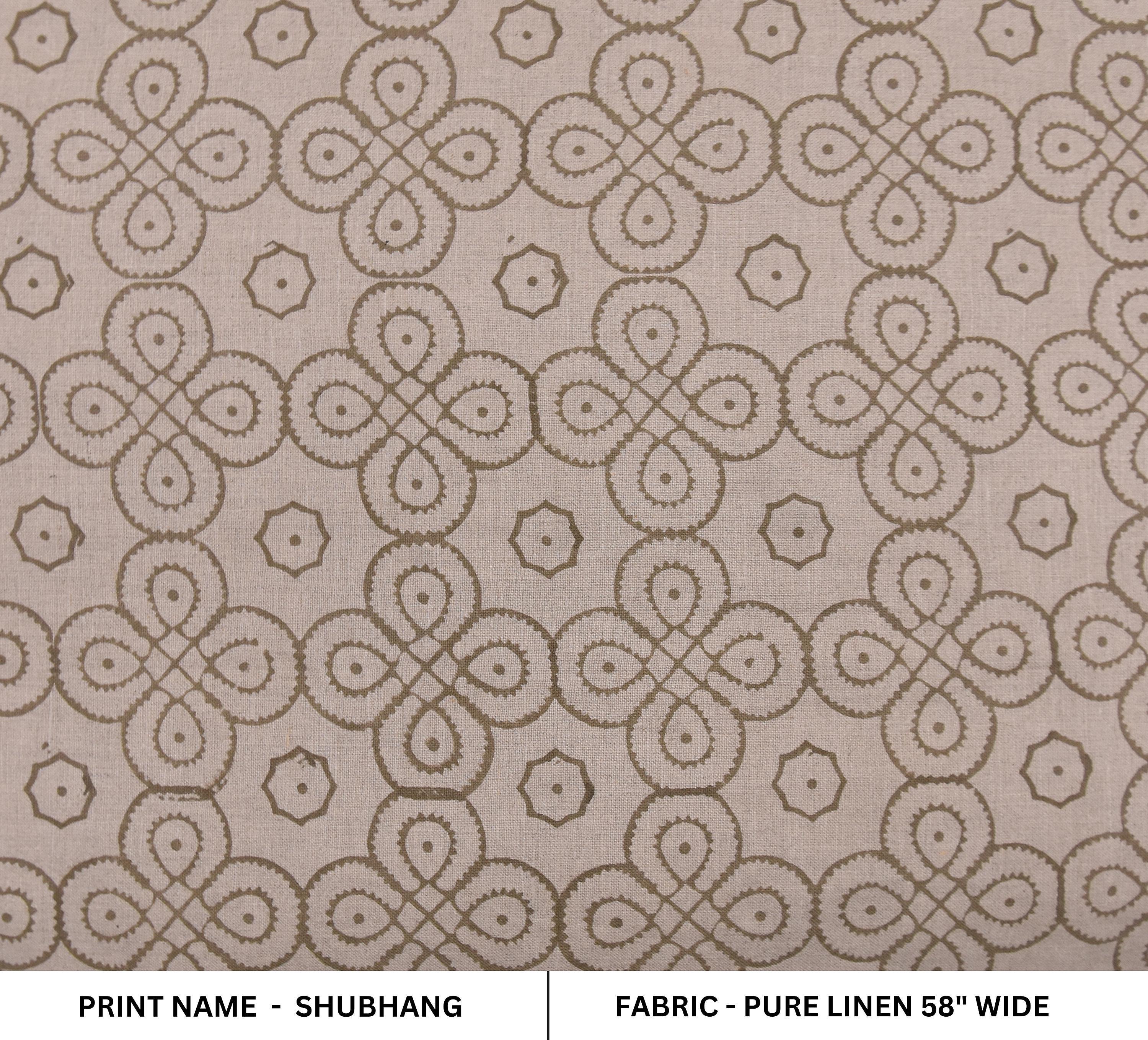 Linen Block Print Fabric 58 Inch Width Medium Weight Linen Natural Base Color Curtains and Drapes Upholstery Handmade Art Pillow Covers Tablecloths and Runners Bedding Tote Bag Lampshades Napkins by Fabritual