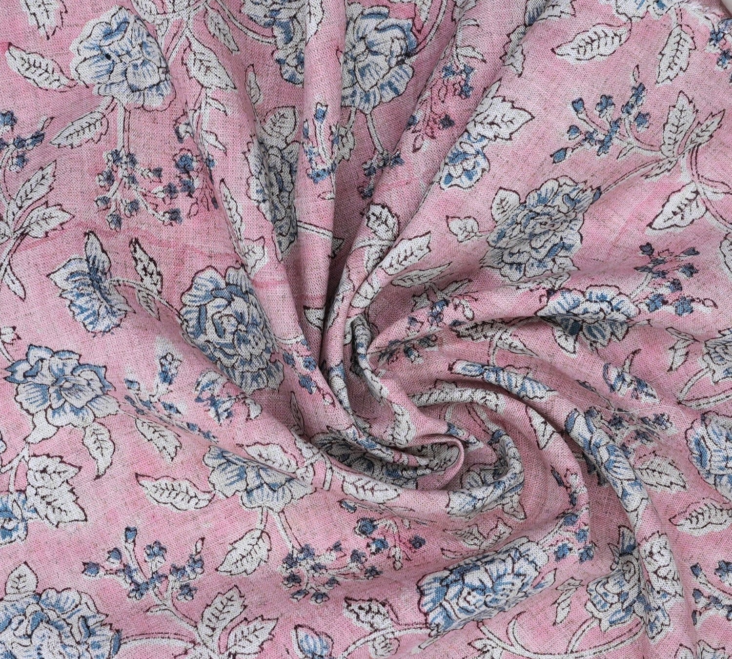 Handmade Pink Floral Viscose Linen Fabric Rameshwaram Design for Home Décor