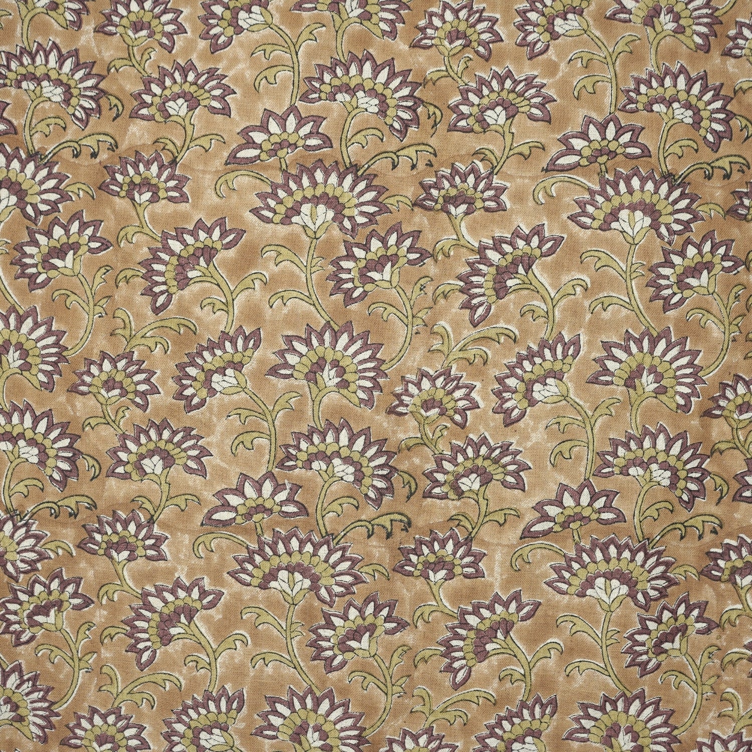 Block Printed Traditional Brown Floral Sustainable Pure Linen Fabric - Rajnigandha
