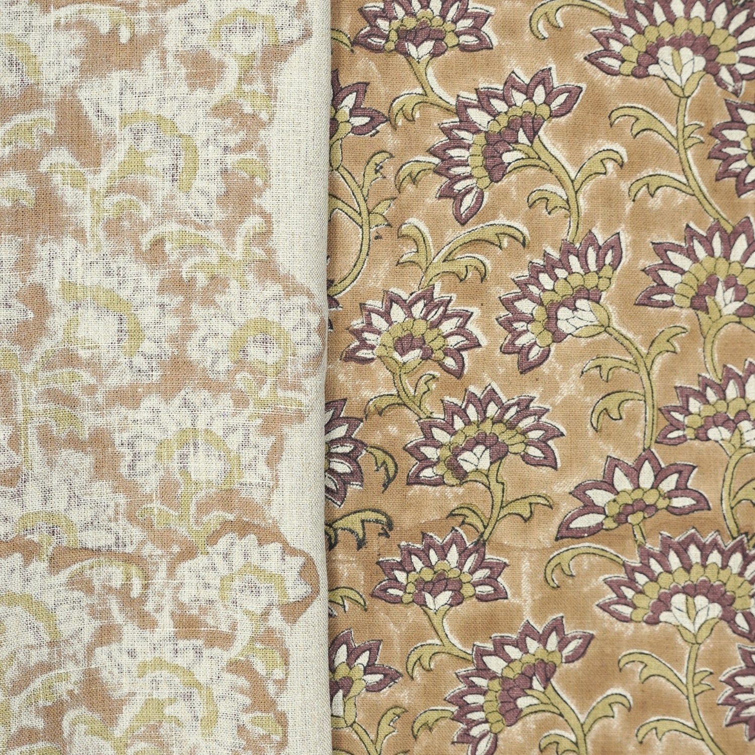 Block Printed Traditional Brown Floral Sustainable Pure Linen Fabric - Rajnigandha