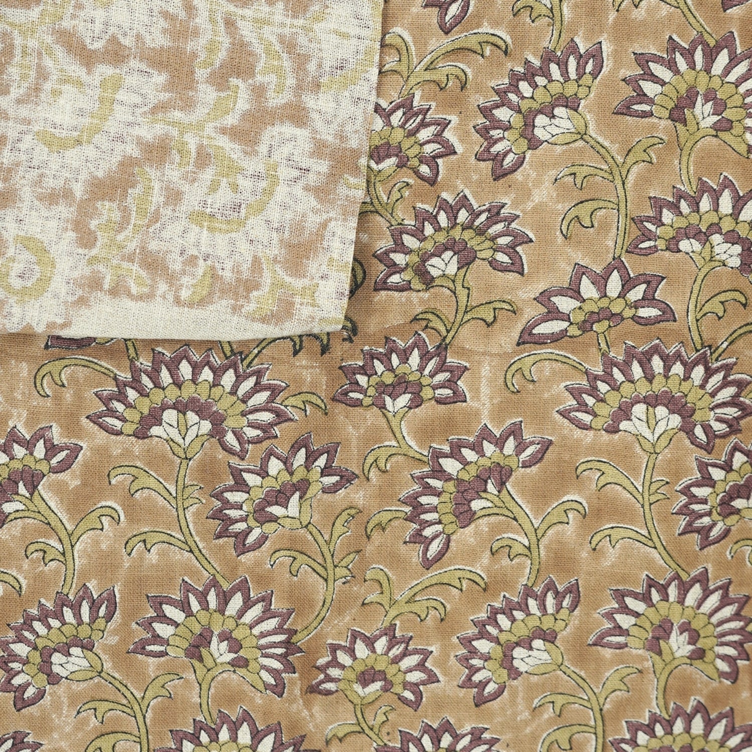Block Printed Traditional Brown Floral Sustainable Pure Linen Fabric - Rajnigandha