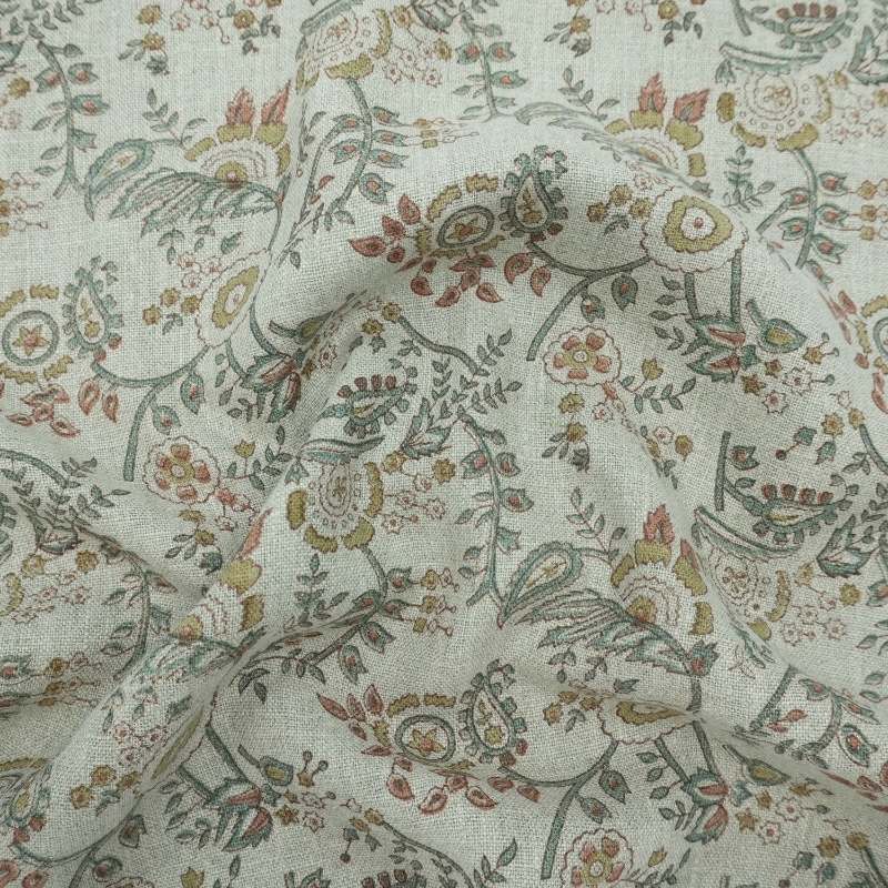Blue Brown Floral Hand Block Print Linen Arpan Fabric