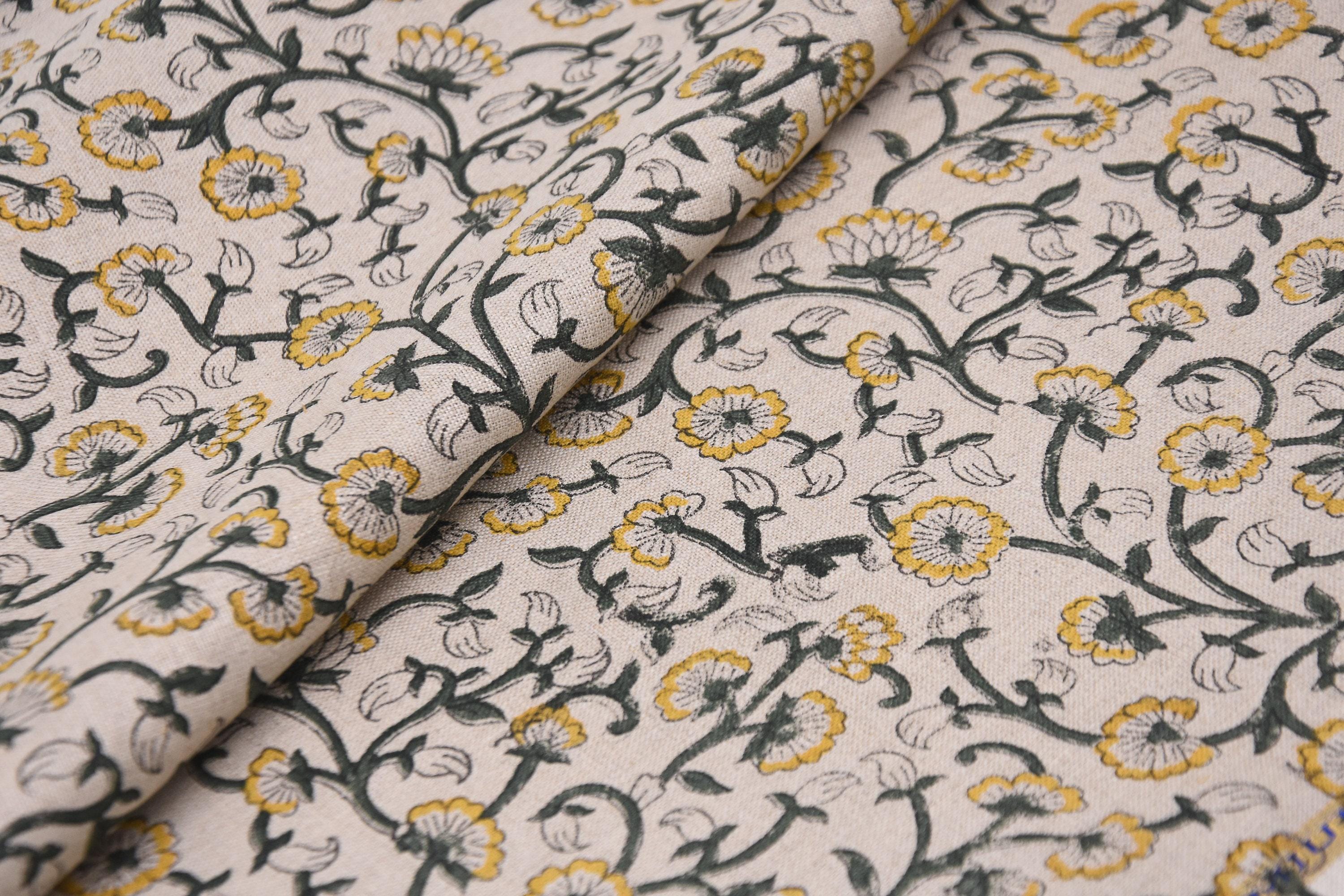 Linen Block Print Fabric 58 Inch Width Medium Weight Linen Natural Base Color Handmade Creative Design To Make Curtains and Drapes Upholstery Pillow Covers and Runners Lampshades Napkins by Fabritual
