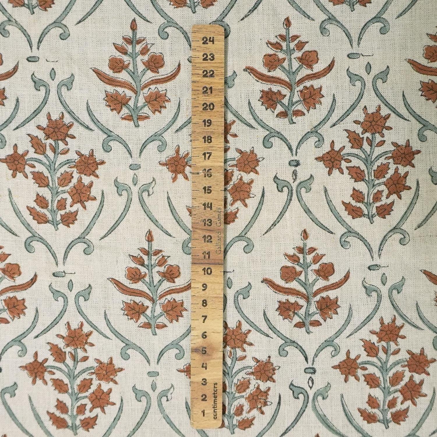 Linen Block Print Fabric 58 Inch Width Medium Weight Linen White Base Color Handmade Creative Design To Make Curtains and Drapes Upholstery Pillow Covers Tablecloths and Runners Lampshades Napkins by Fabritual