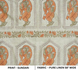 Handmade Block Printed in Pure Linen Fabric Orange and Grey Sundari Floral Art for Decorative Cushions & Home Decor