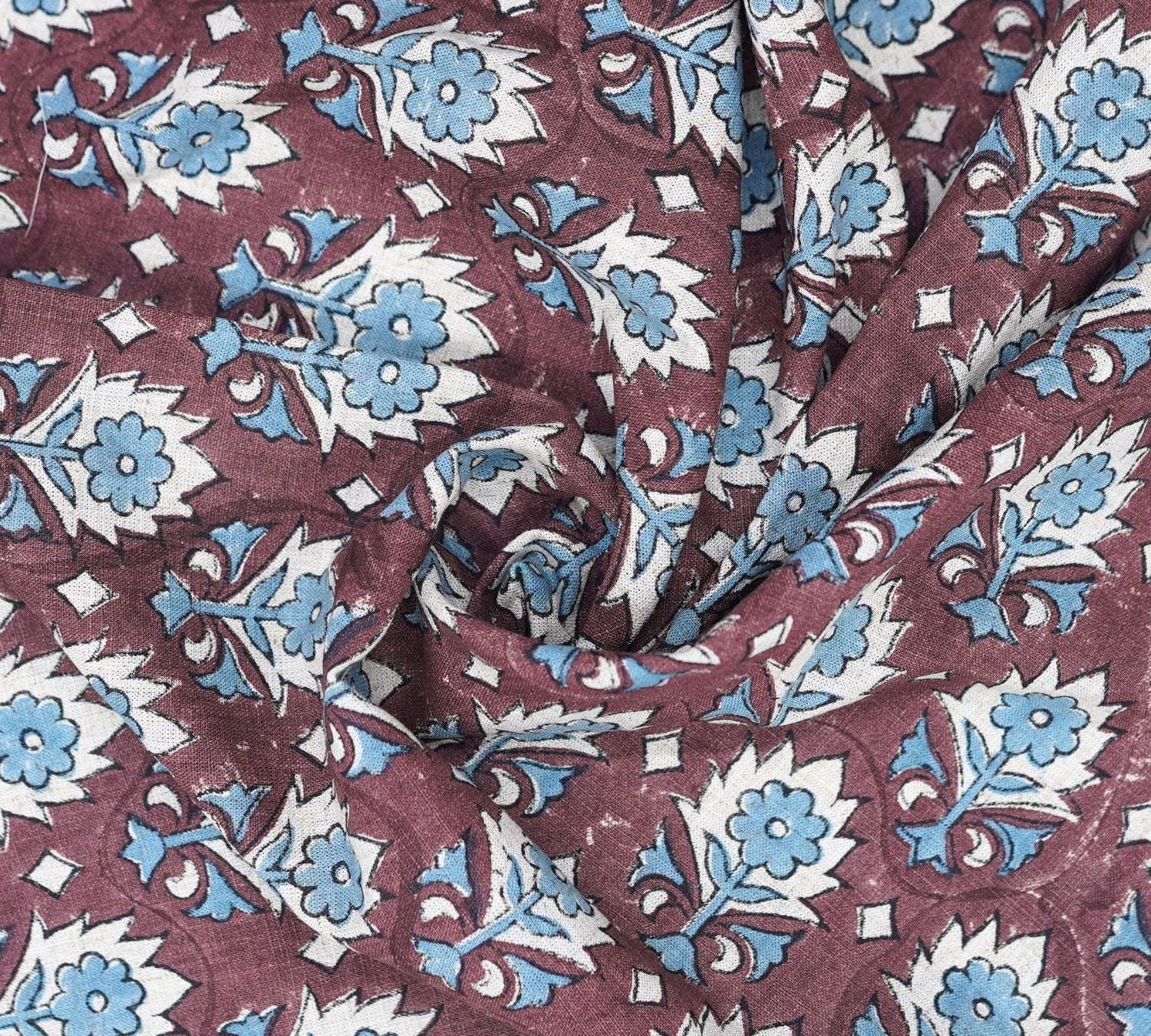 Handmade Maroon Floral Boho Viscose Linen Fabric – Kusum Design for Home Décor