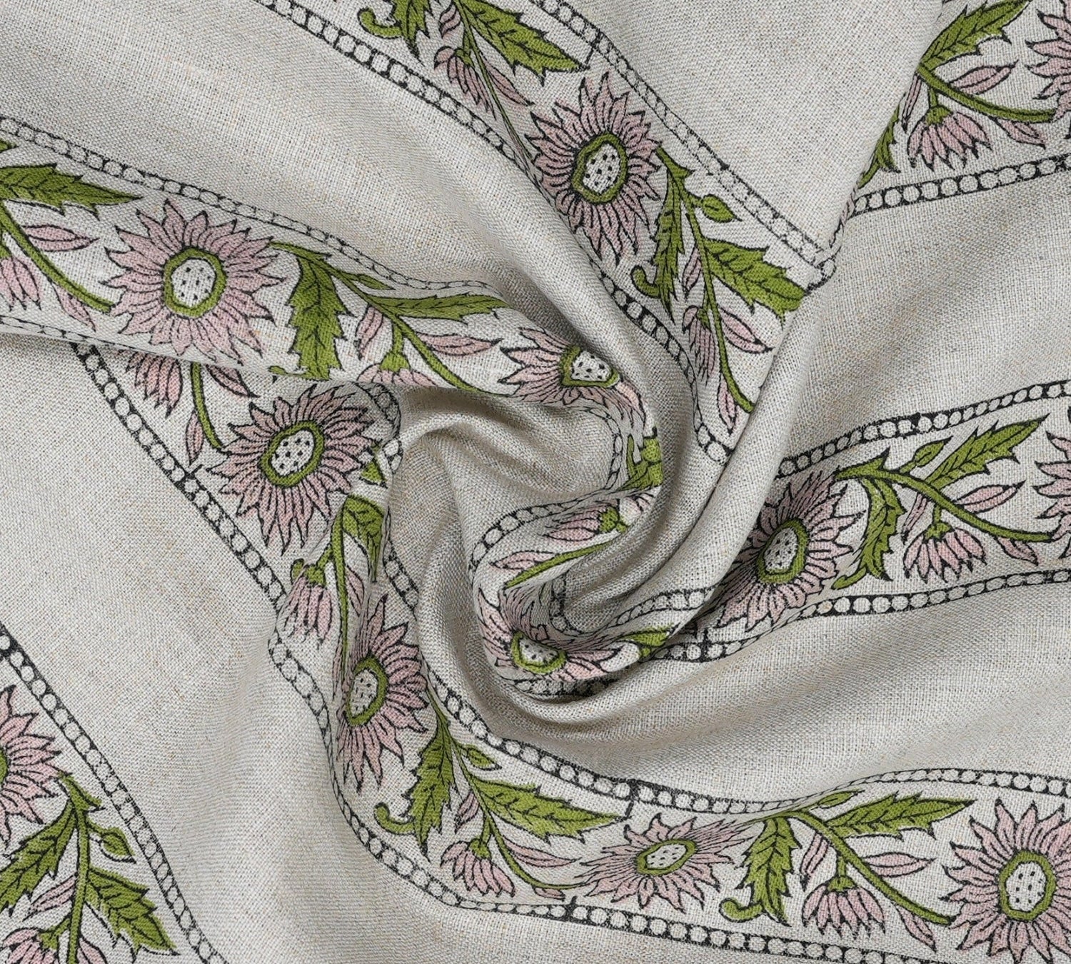 Handblock Printed Green Floral Pure Linen Customizable Boho Fabric for Home Decor