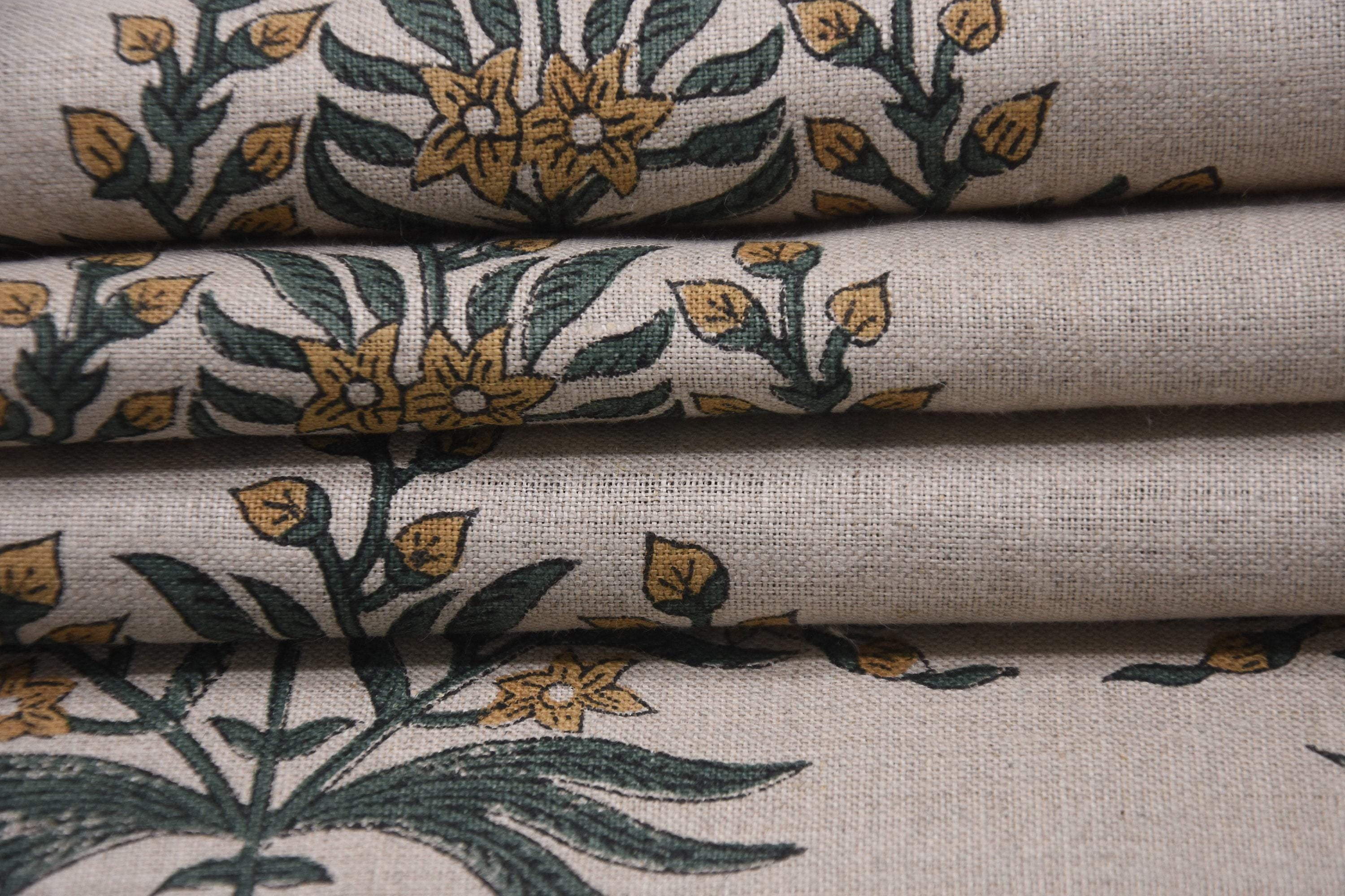 Linen Block Print Fabric 58 Inch Width Medium Weight Linen Natural Base Color Curtains and Drapes Upholstery Handmade Art Pillow Covers Tablecloths and Runners Bedding Tote Bag Lampshades Napkins by Fabritual