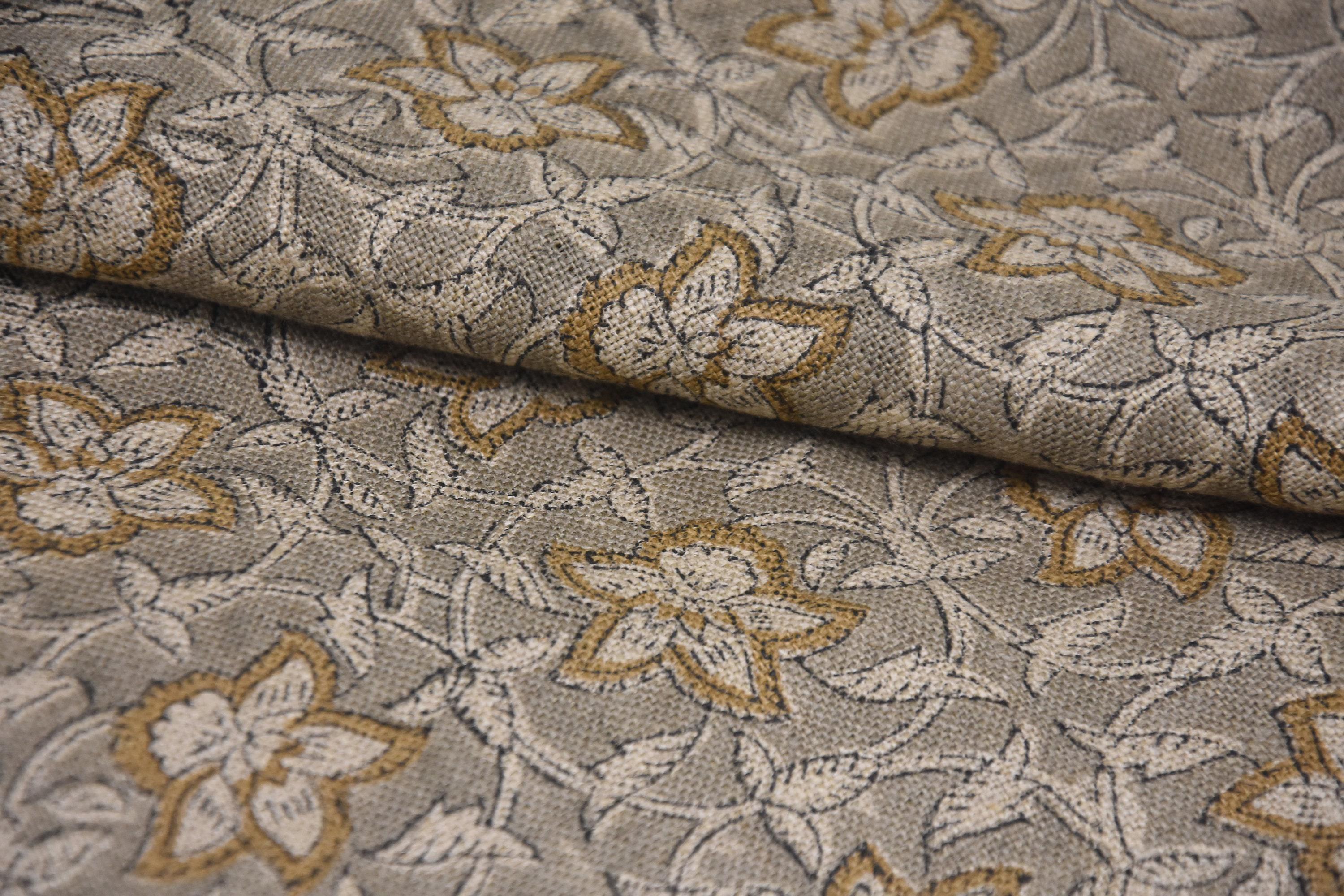Linen Block Print Fabric 58 Inch Width Heavy Weight Linen Natural Base Color Curtains and Drapes Upholstery Handmade Art Pillow Covers Tablecloths and Runners Bedding Tote Bag Lampshades by Fabritual