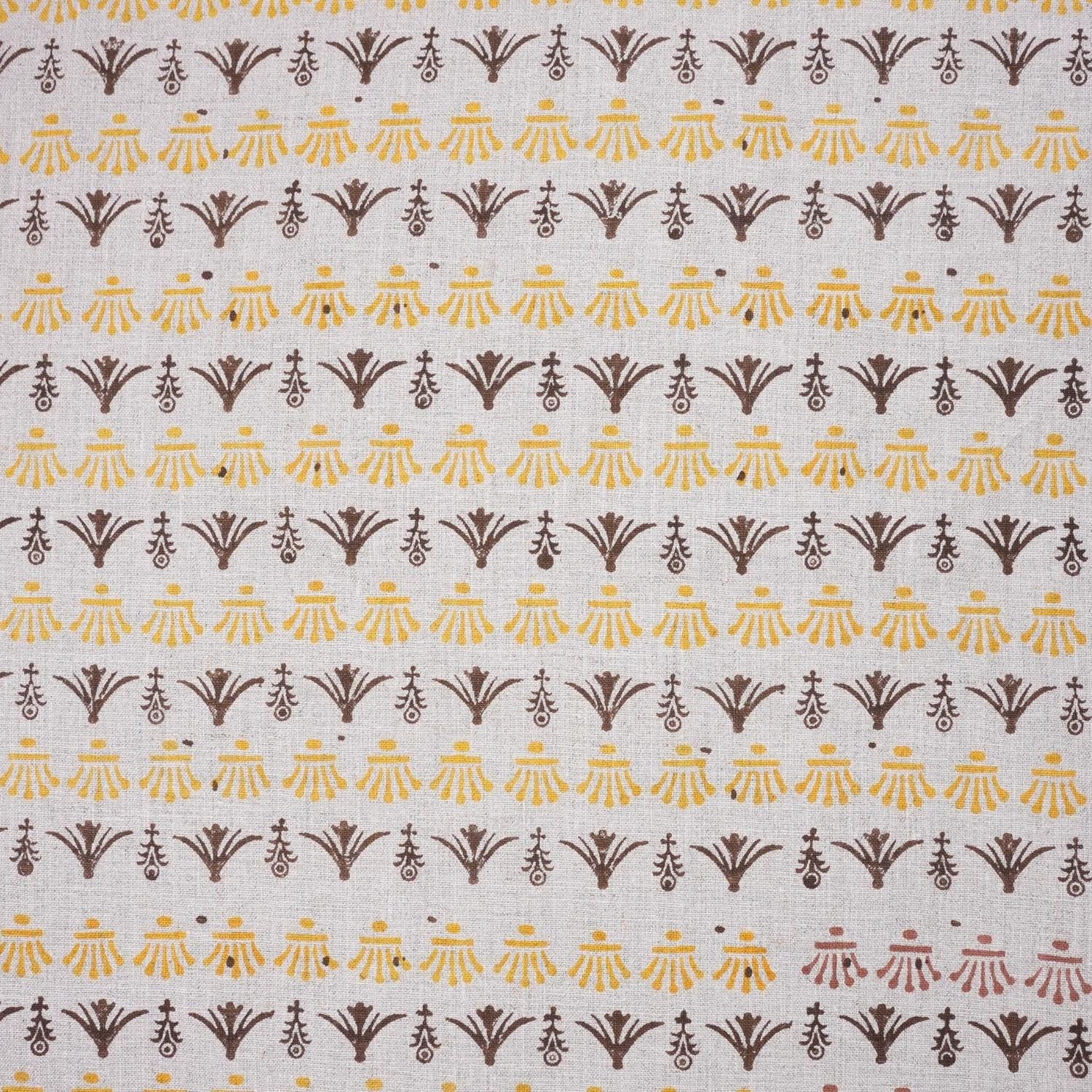 Indian Hand Block Mustard and Brown Floral Fabric on Pure Linen for Tabel Cover - Hastatkala