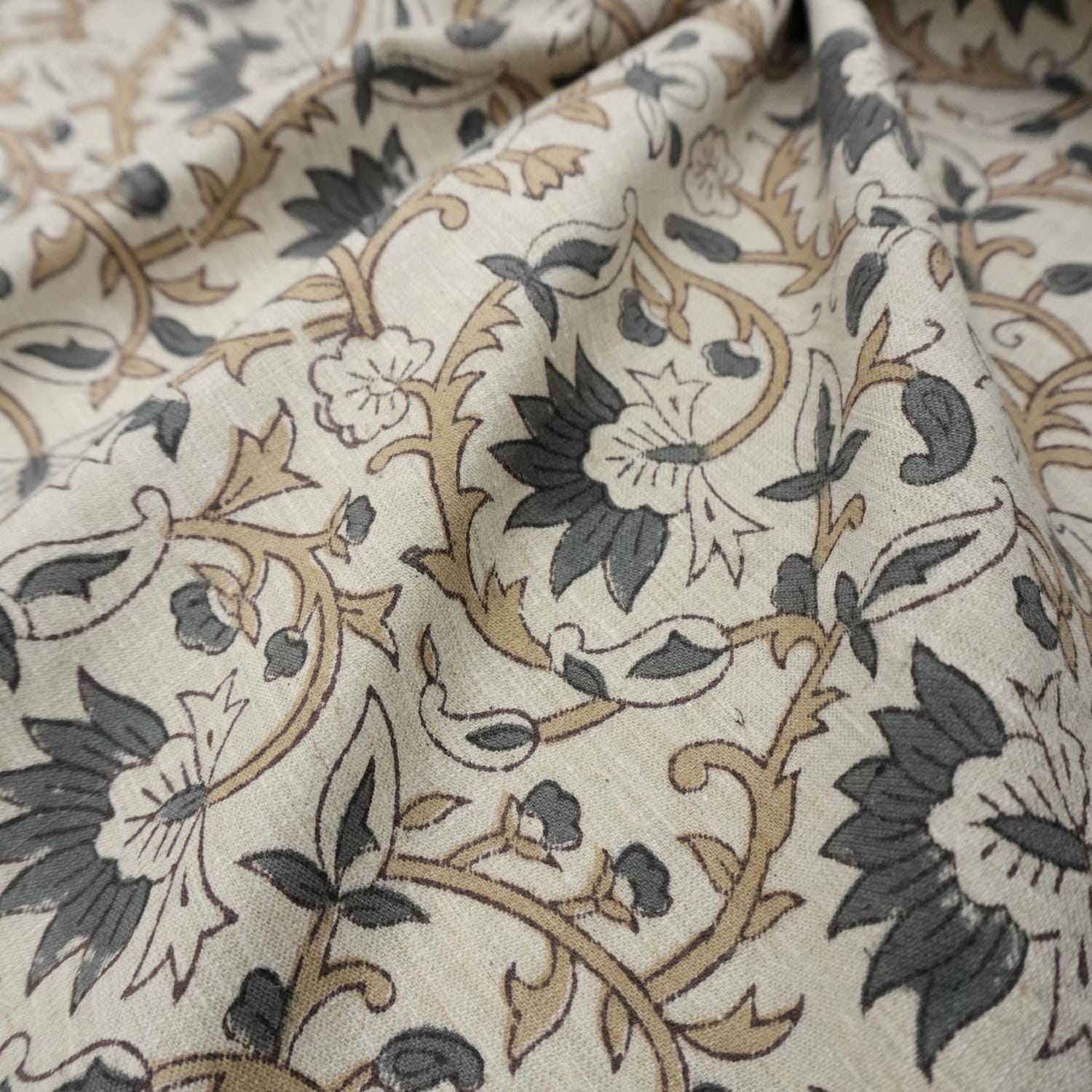 Linen Block Print Fabric Linen Blend 58 Inch Width Light Weight Linen Natural Base Color Curtains and Drapes Upholstery Handmade Art Pillow Covers Tablecloths and Runners Bedding Tote Bag Lampshades Napkins