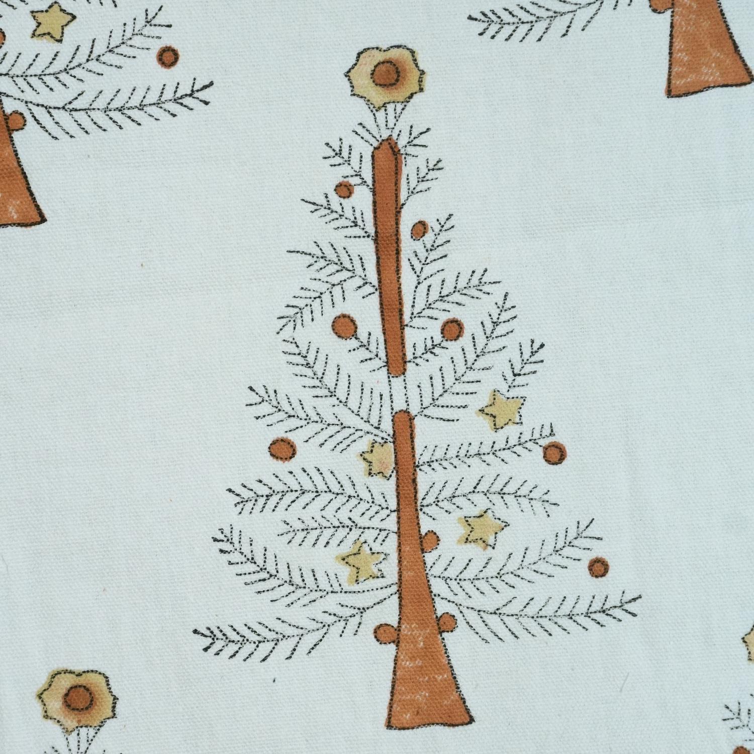 Indian Handmade Brown Block Printed Floral Christmas Decor Thick Cotton White Fabric – CHRISTMAS TREE
