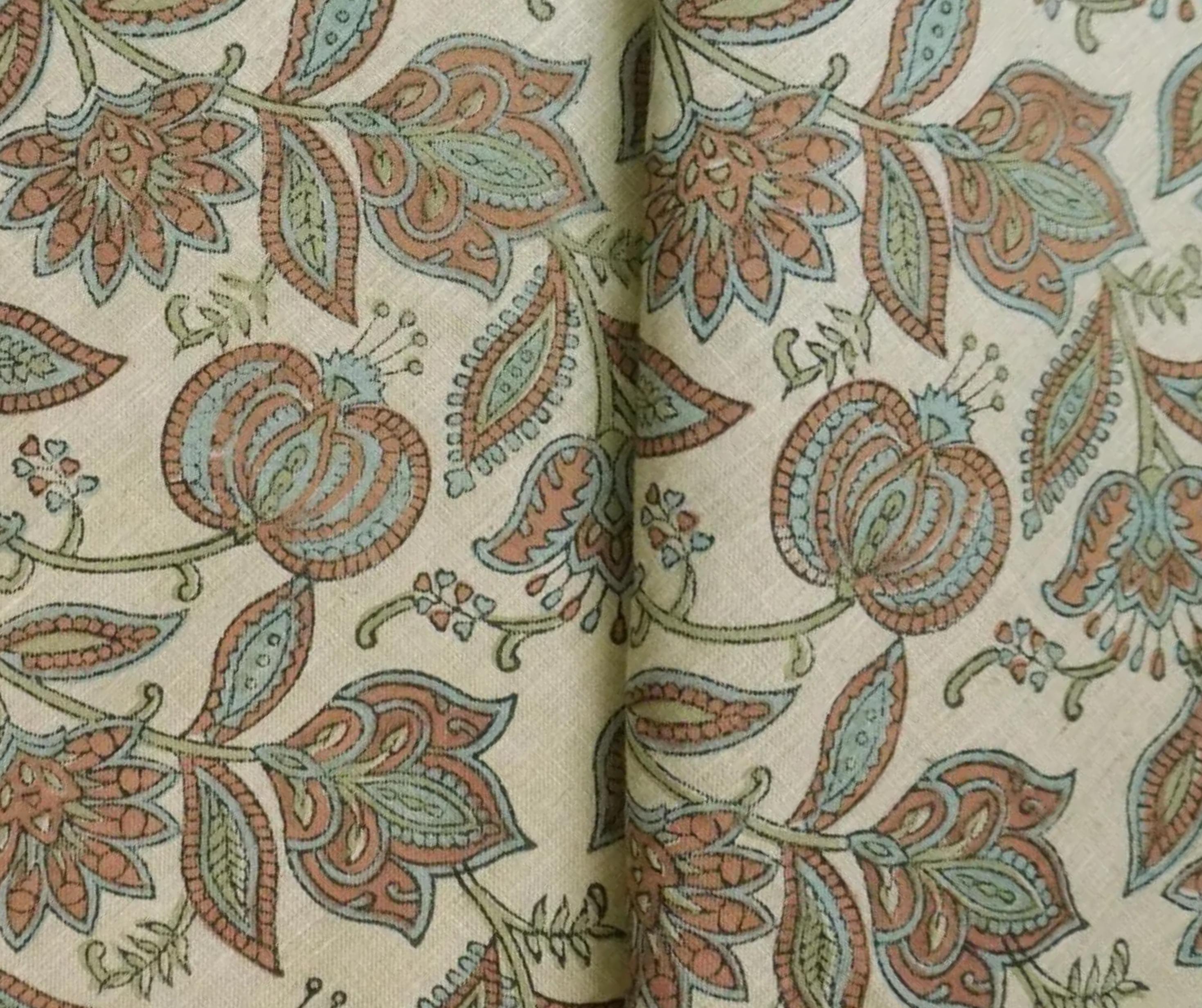 Linen Block Print Fabric Linen Blend 58 Inch Width Light Weight Linen Natural Base Color Curtains and Drapes Handmade Art Pillow Covers Tablecloths and Runners Bedding Tote Bag Lampshades Napkins by Fabritual