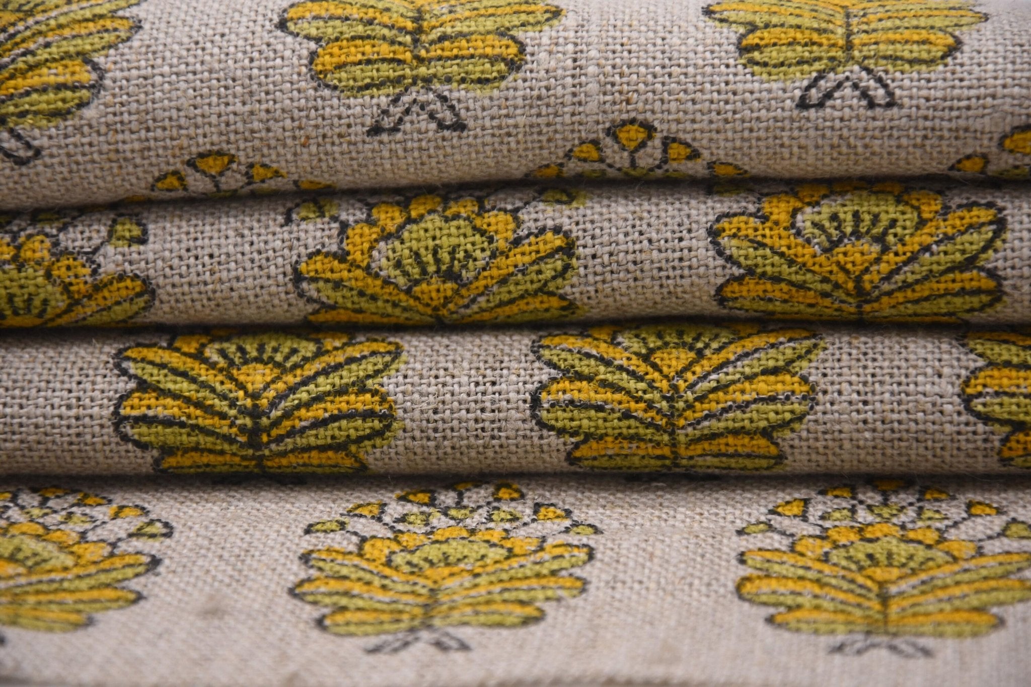 Indian Made Block Printed Thick Pure Linen 58" Wide Yellow and Green Floral Fabric for Sofa Covers – Bheeshma