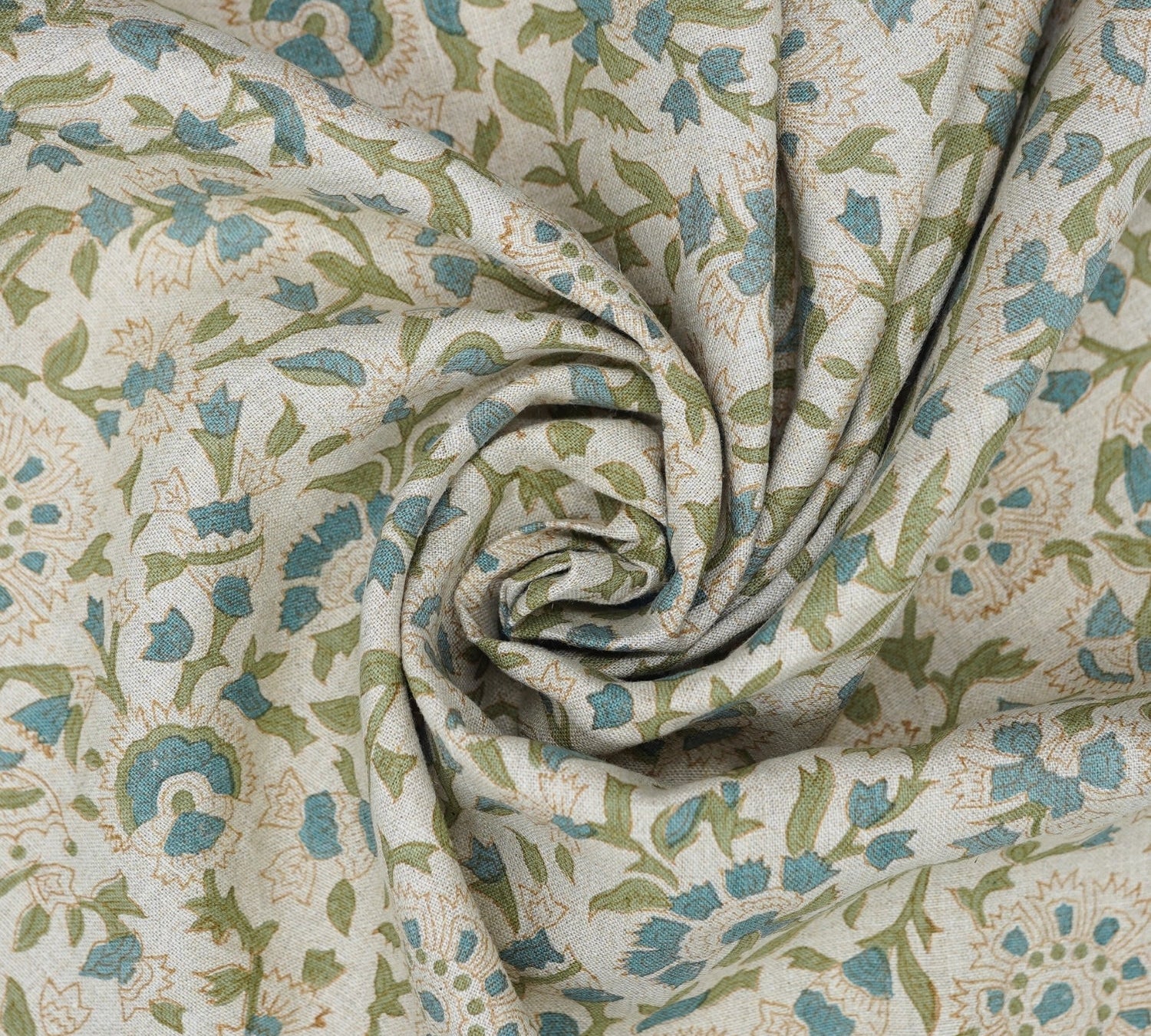 Green Floral Pure Linen Boho Elegant Fabric for Curtains - Vasundhara Design