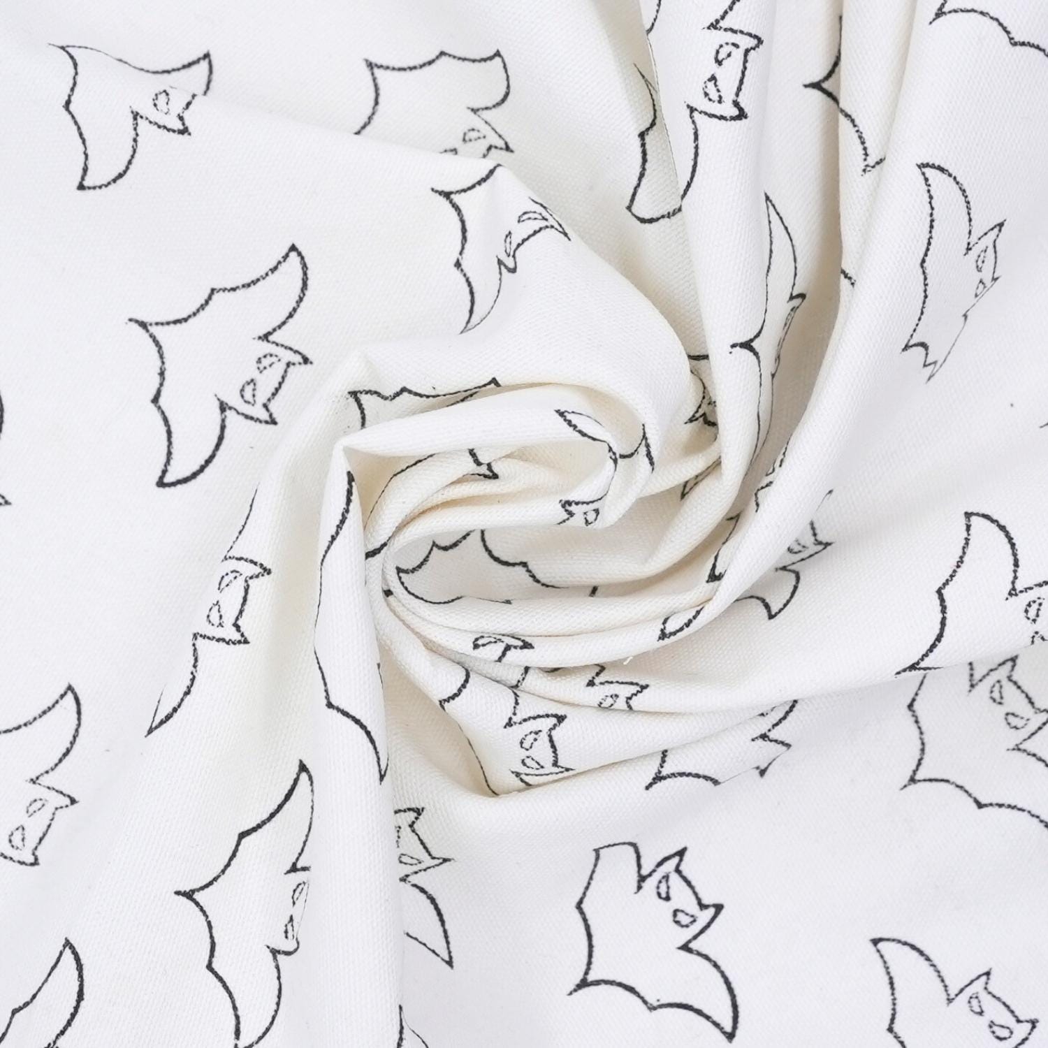 Block Print Thick Cotton White Decorative Halloween Party Cushion Cover Fabric with Bat Design