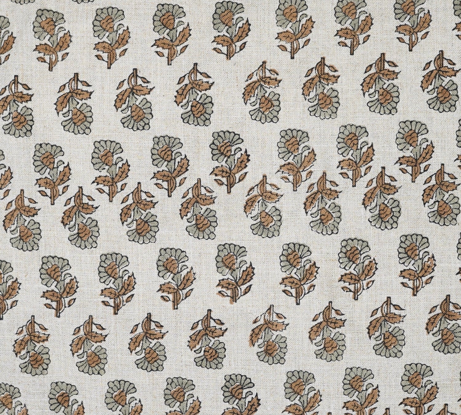 Handblock Printed Brown Floral Fabric Boho Design on Pure Linen for Cushions - Ashok 